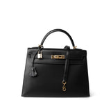 CHANEL Handbag Black Vintage Kelly Sellier 32 Black Box Calfskin Gold Plated F Square Stamp - Redeluxe