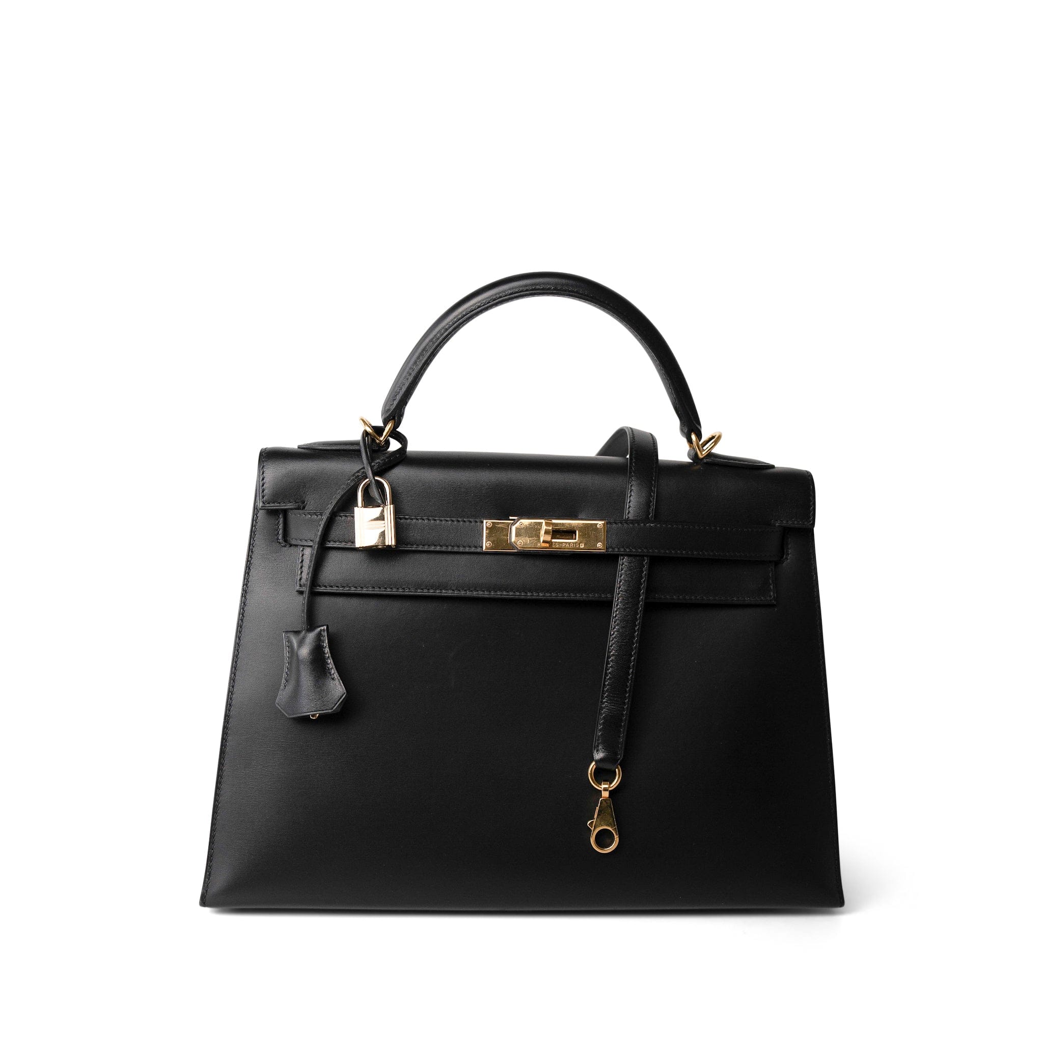 CHANEL Handbag Black Vintage Kelly Sellier 32 Black Box Calfskin Gold Plated F Square Stamp - Redeluxe