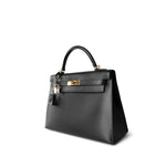 CHANEL Handbag Black Vintage Kelly Sellier 32 Black Box Calfskin Gold Plated F Square Stamp - Redeluxe