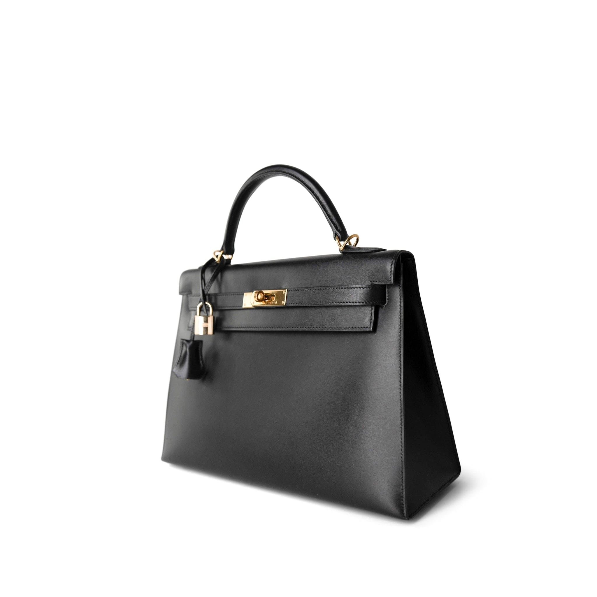 CHANEL Handbag Black Vintage Kelly Sellier 32 Black Box Calfskin Gold Plated F Square Stamp - Redeluxe