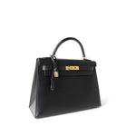 CHANEL Handbag Black Vintage Kelly Sellier 32 Black Box Calfskin Gold Plated F Square Stamp - Redeluxe