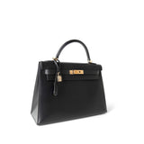 CHANEL Handbag Black Vintage Kelly Sellier 32 Black Box Calfskin Gold Plated F Square Stamp - Redeluxe