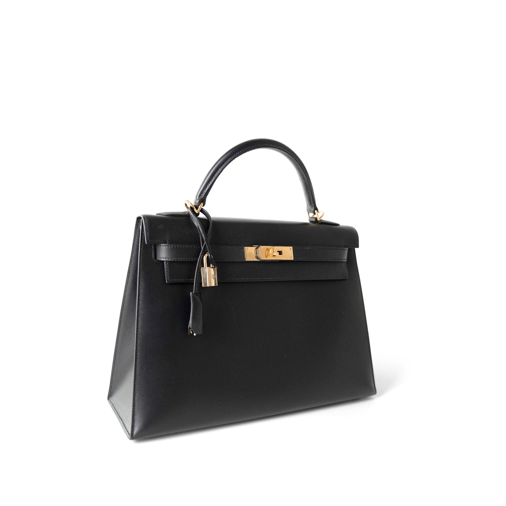 CHANEL Handbag Black Vintage Kelly Sellier 32 Black Box Calfskin Gold Plated F Square Stamp - Redeluxe