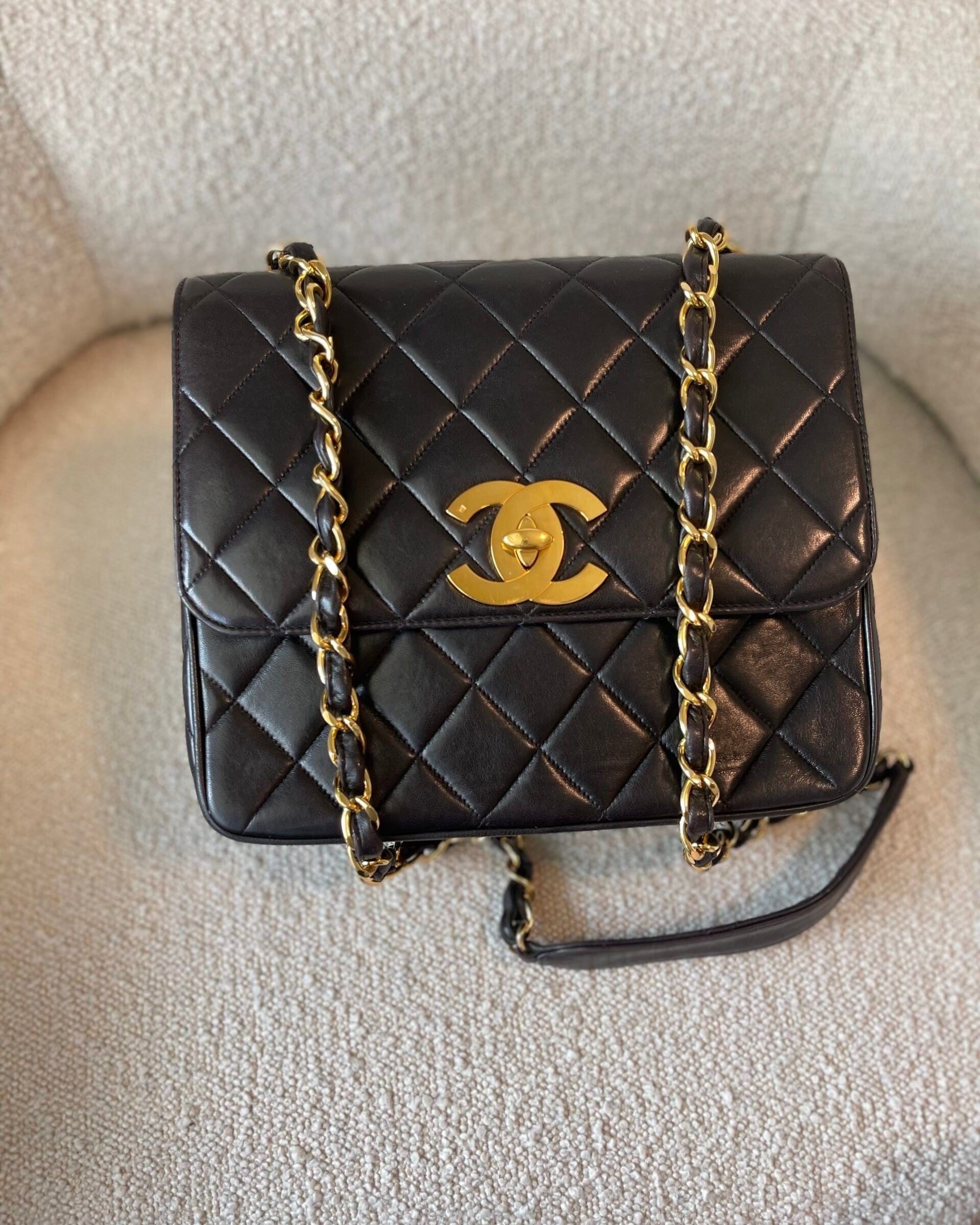 CHANEL Handbag Black Vintage Lambskin Quilted Square CC Flap GHW - Redeluxe