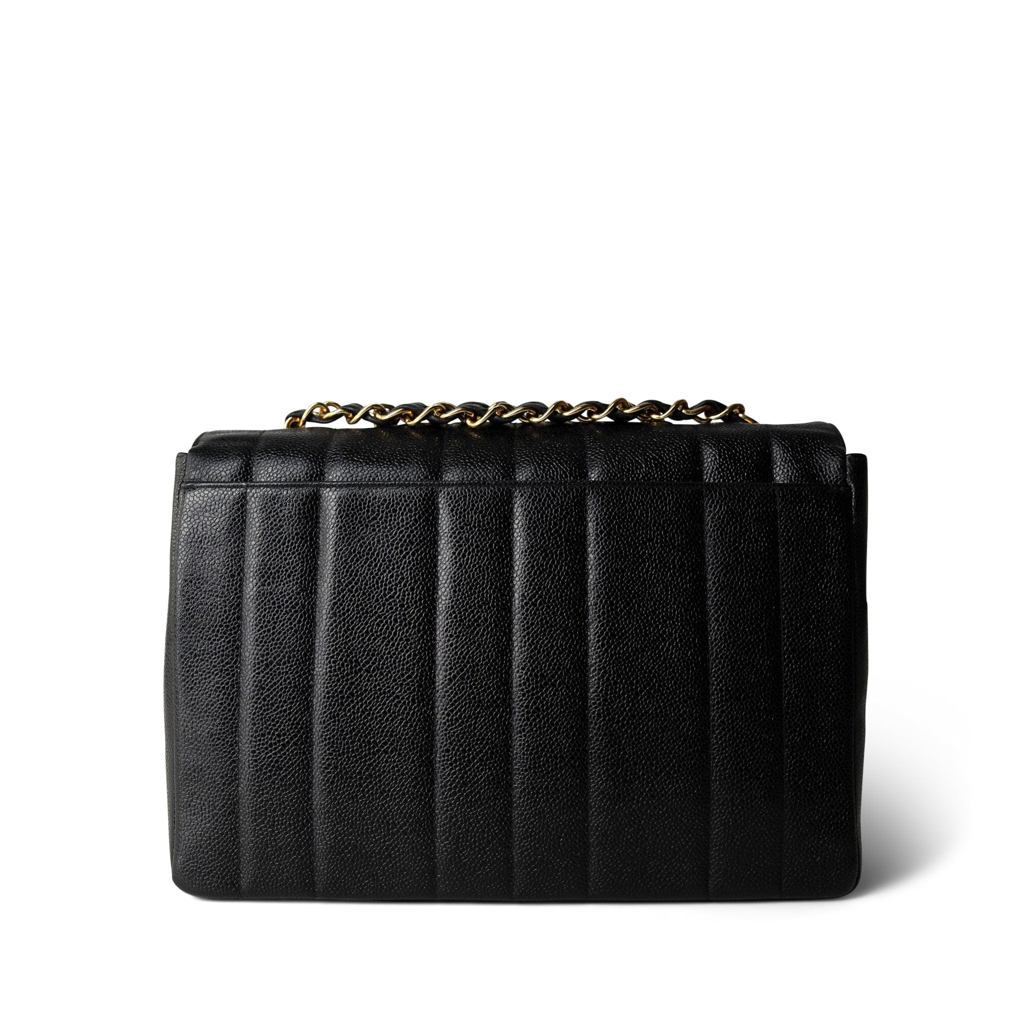 CHANEL Handbag Black Vintage Mademoiselle Black Caviar Vertical Flap Jumbo Gold Hardware - Redeluxe