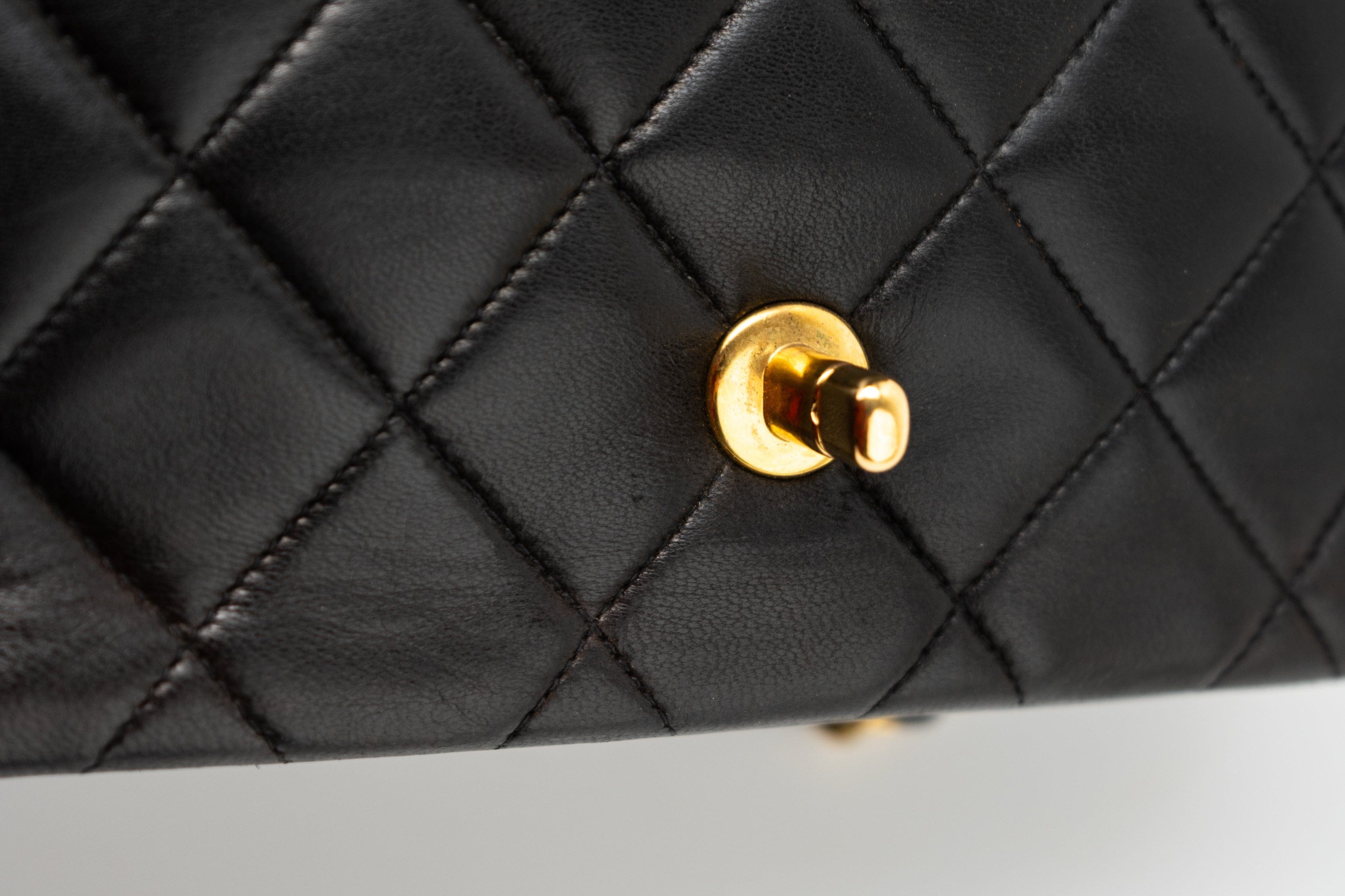 CHANEL Handbag Black Vintage Small Black Lambskin Quilted Diana Flap GHW - Redeluxe