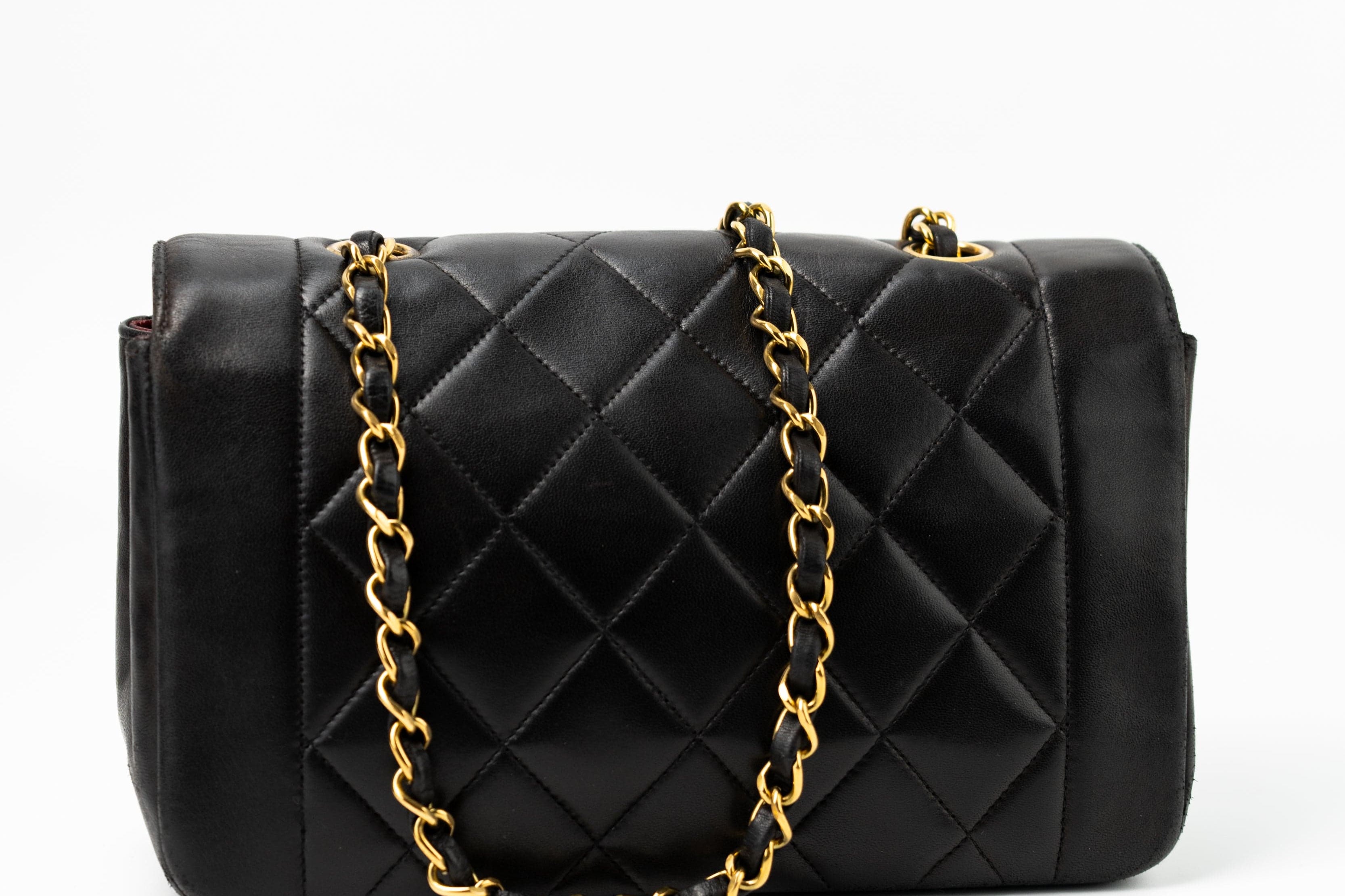 CHANEL Handbag Black Vintage Small Black Lambskin Quilted Diana Flap GHW - Redeluxe