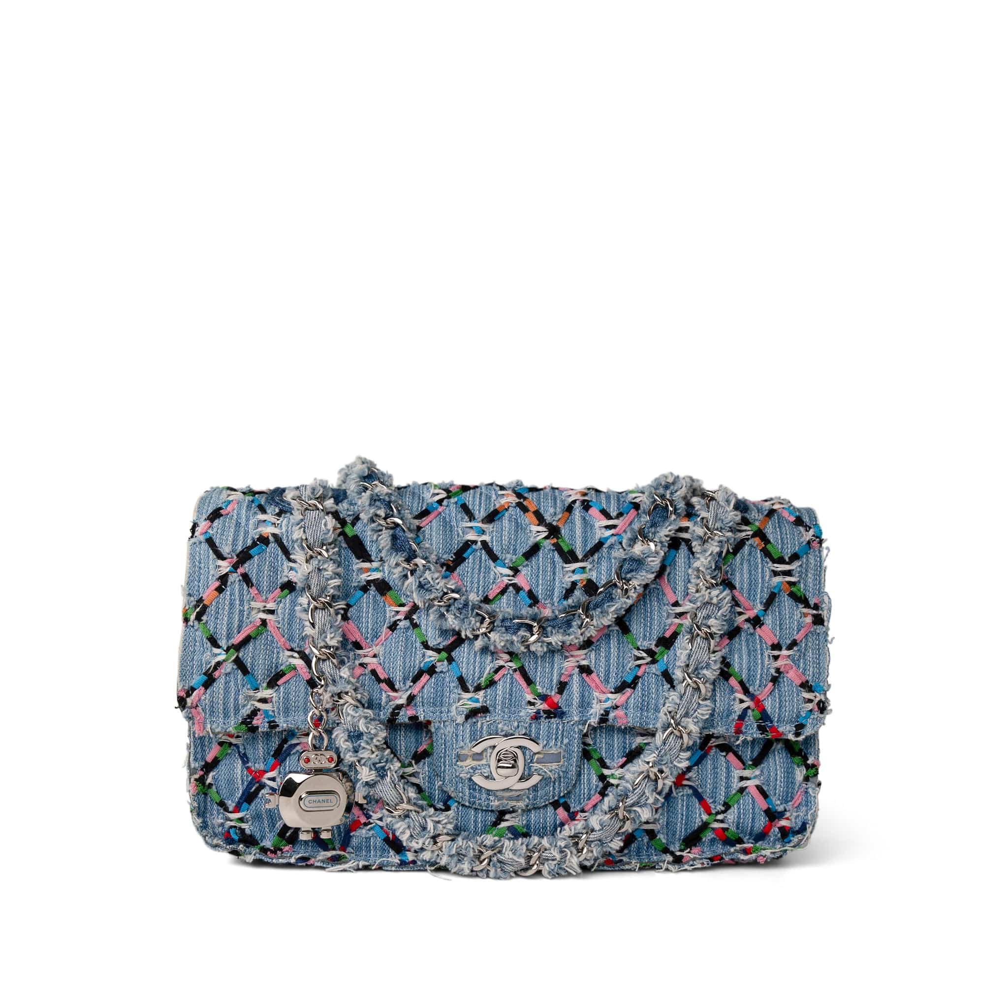 CHANEL Handbag Blue 17S Woven Denim Multicolor Medium Flap Silver Hardware - Redeluxe