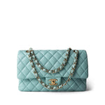CHANEL Handbag Blue 19C Tiffany Blue Caviar Quilted Medium Classic Flap Light Gold Hardware - Redeluxe