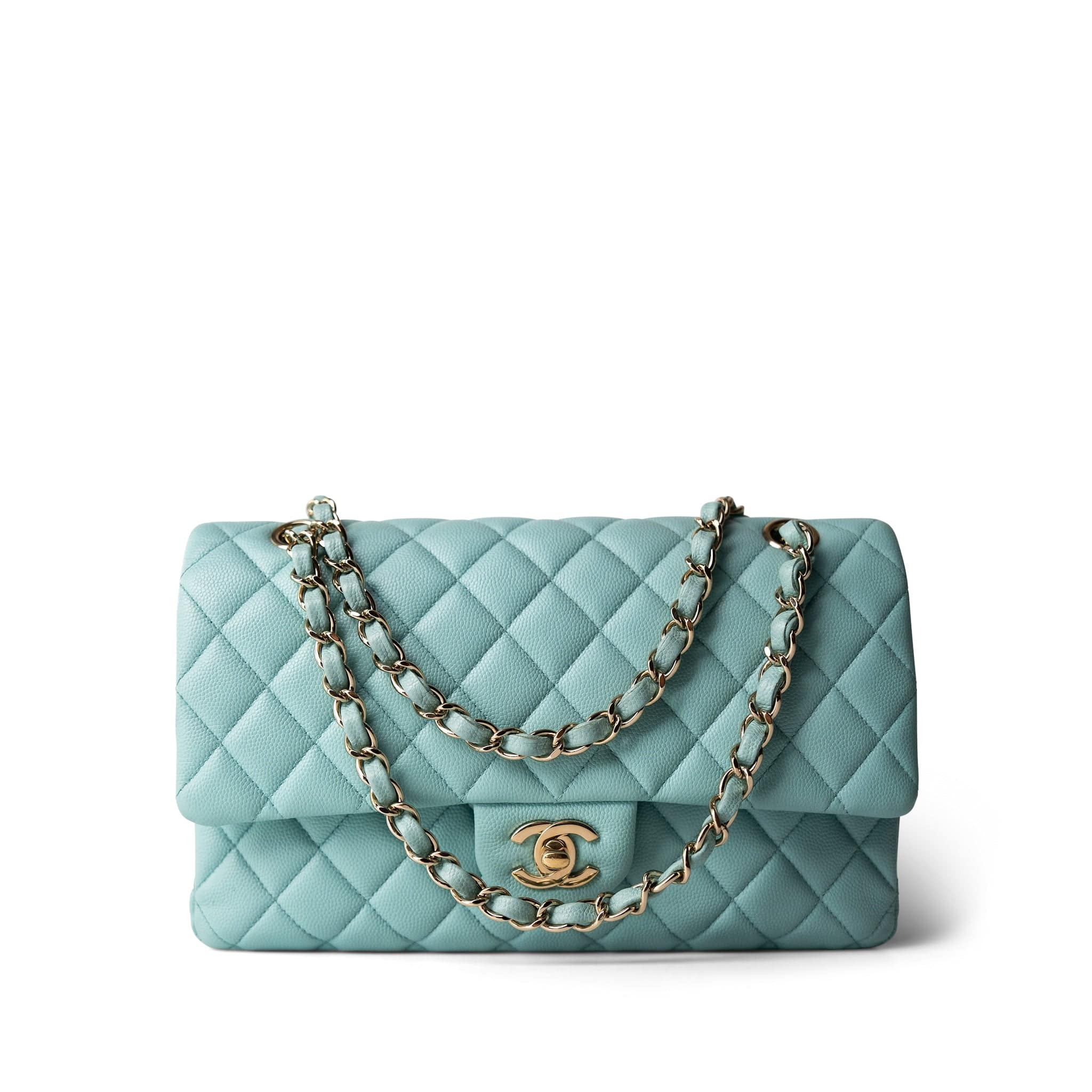 CHANEL Handbag Blue 19C Tiffany Blue Caviar Quilted Medium Classic Flap Light Gold Hardware - Redeluxe