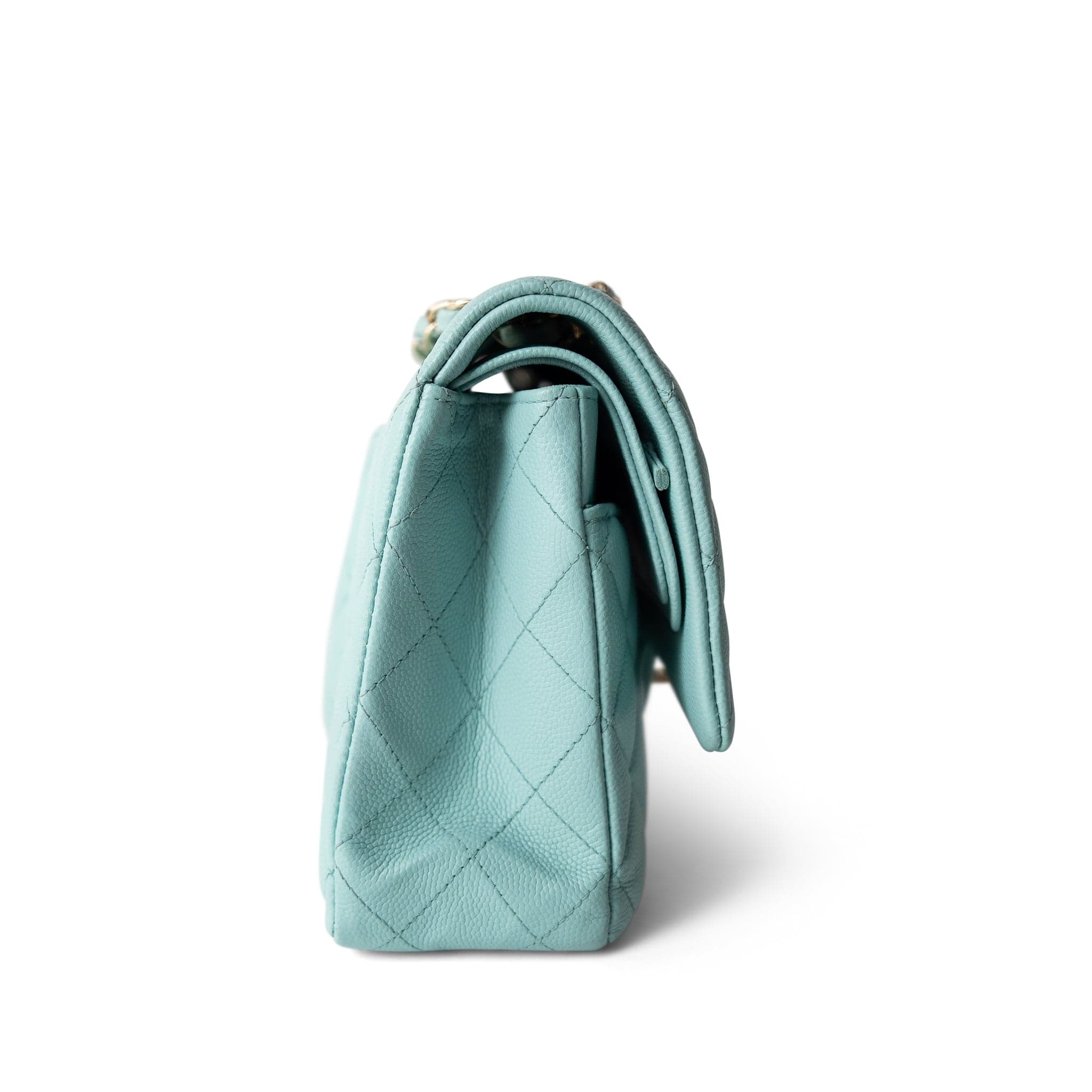 CHANEL Handbag Blue 19C Tiffany Blue Caviar Quilted Medium Classic Flap Light Gold Hardware - Redeluxe