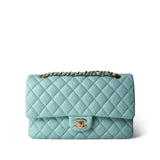 CHANEL Handbag Blue 19C Tiffany Blue Caviar Quilted Medium Classic Flap Light Gold Hardware - Redeluxe