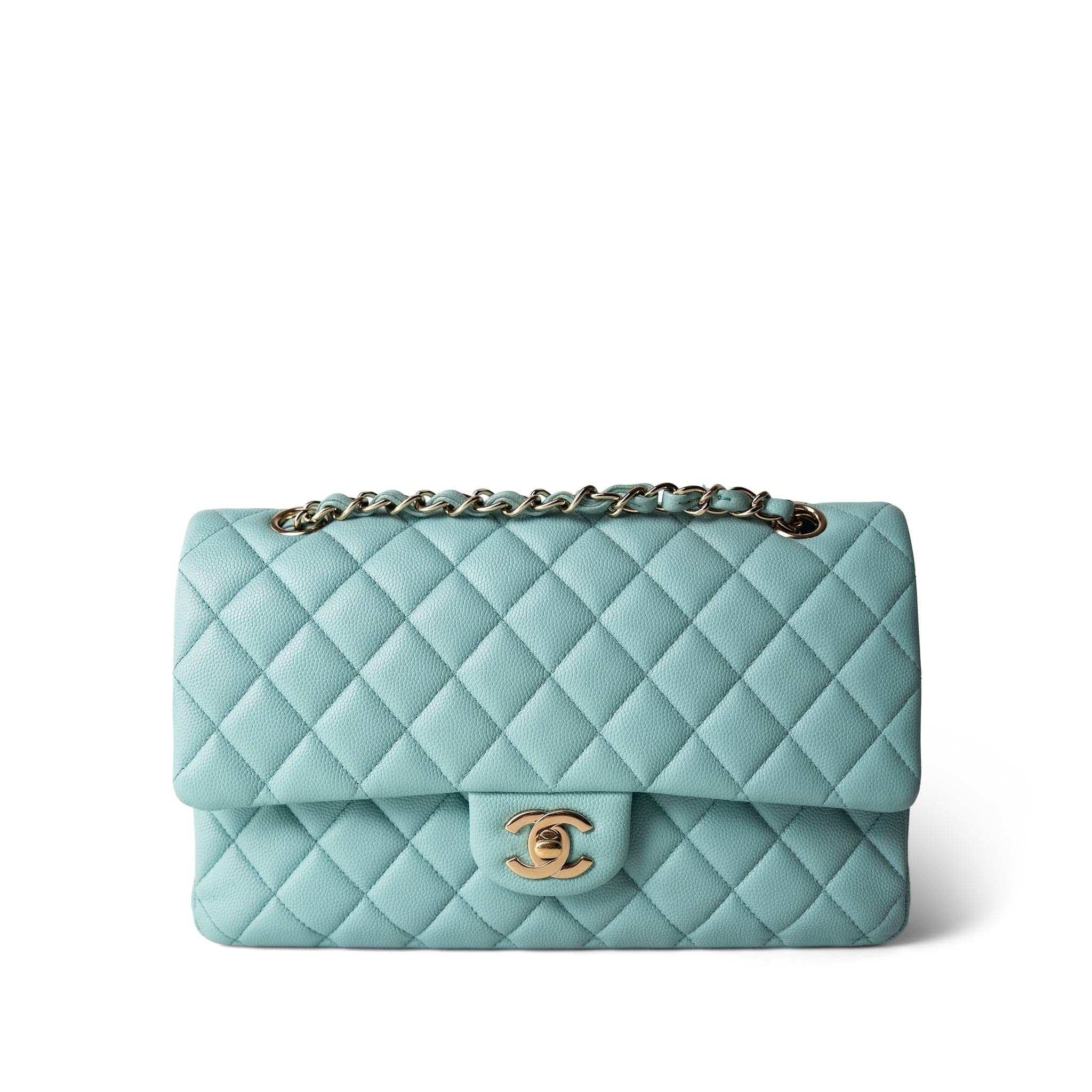 CHANEL Handbag Blue 19C Tiffany Blue Caviar Quilted Medium Classic Flap Light Gold Hardware - Redeluxe