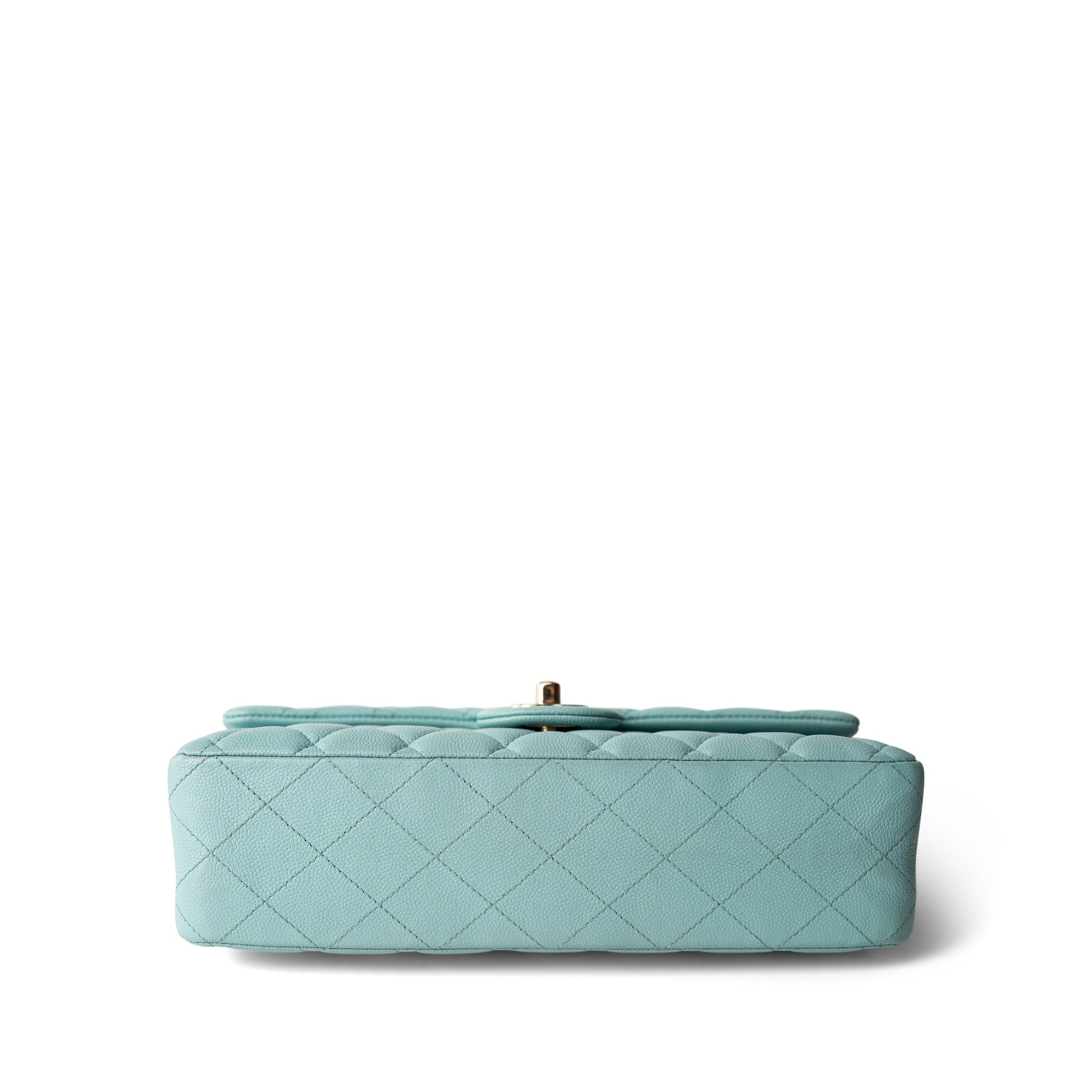 CHANEL Handbag Blue 19C Tiffany Blue Caviar Quilted Medium Classic Flap Light Gold Hardware - Redeluxe