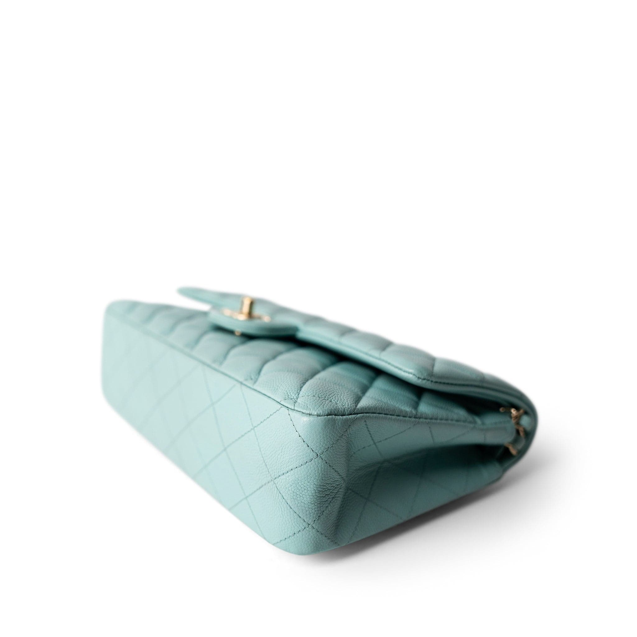 CHANEL Handbag Blue 19C Tiffany Blue Caviar Quilted Medium Classic Flap Light Gold Hardware - Redeluxe
