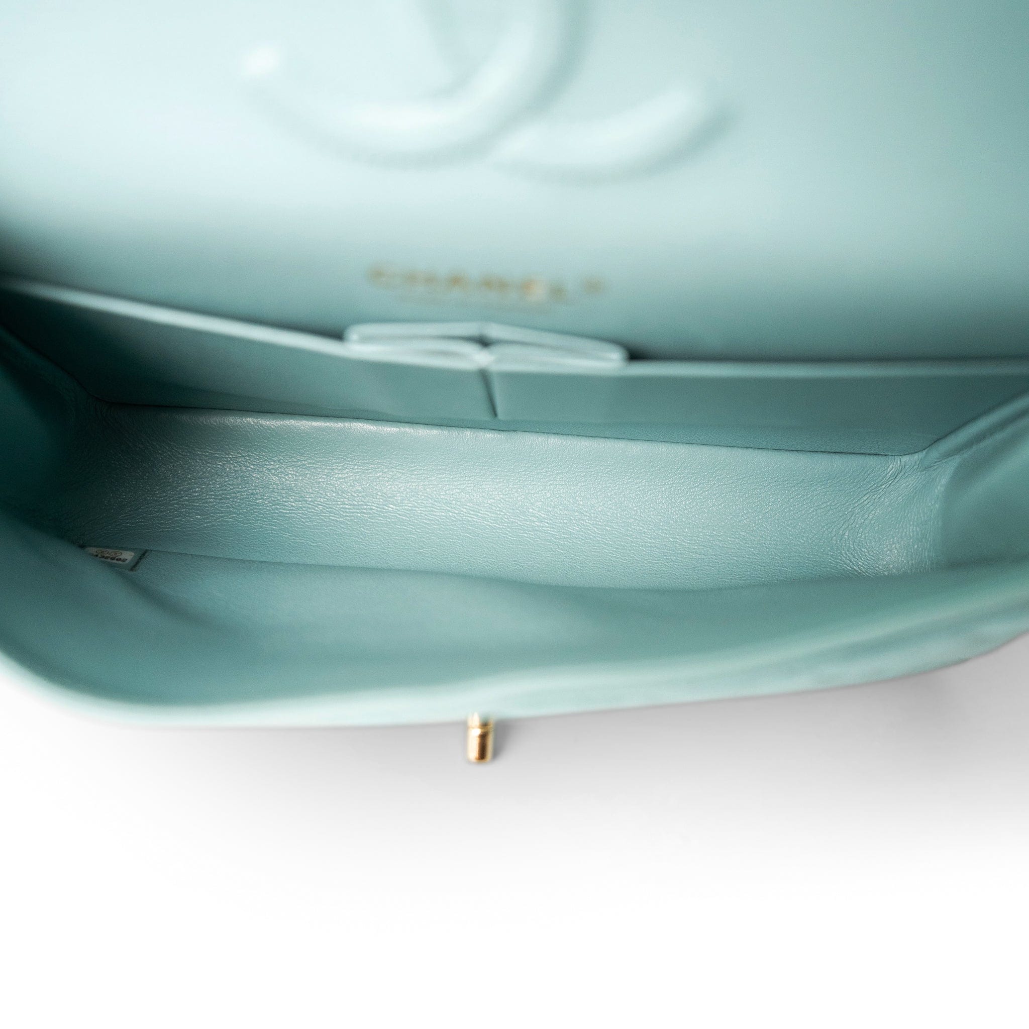 CHANEL Handbag Blue 19C Tiffany Blue Caviar Quilted Medium Classic Flap Light Gold Hardware - Redeluxe