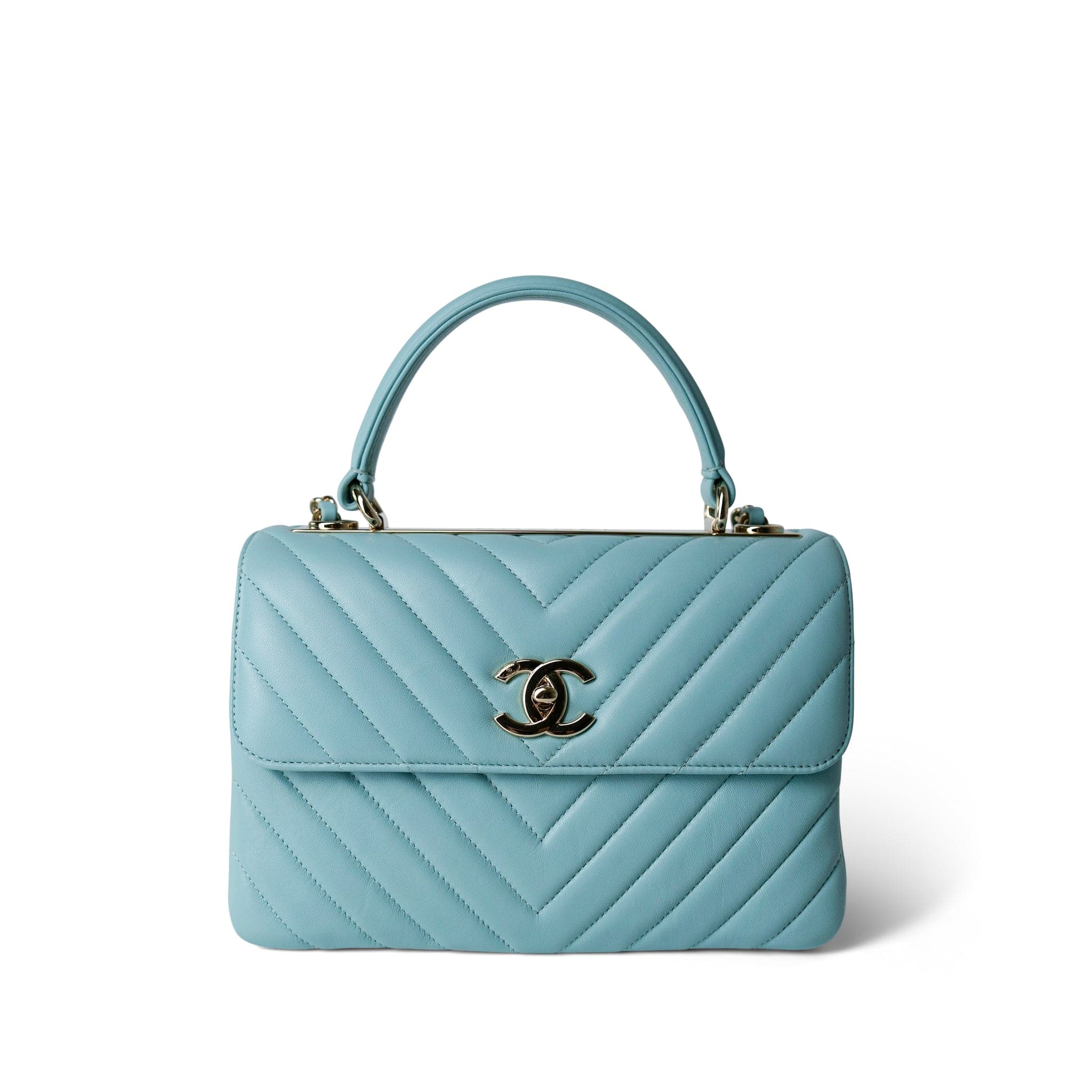 CHANEL Handbag Blue 19C Tiffany Blue Chevron Lambskin Trendy CC Flap Small Light Gold Hardware - Redeluxe