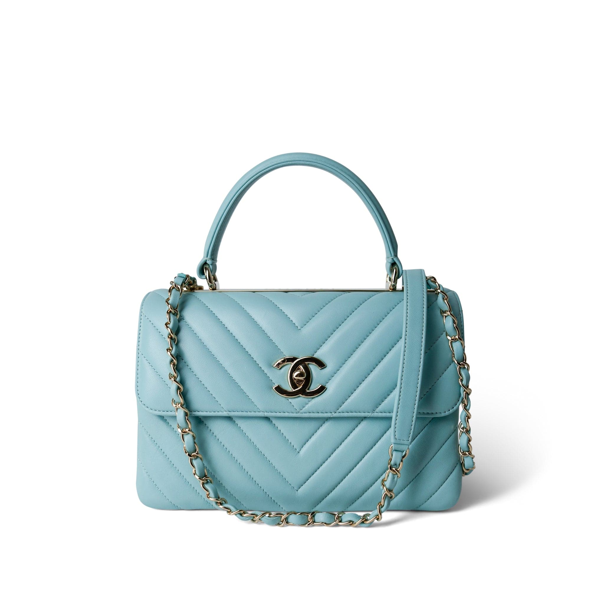 CHANEL Handbag Blue 19C Tiffany Blue Chevron Lambskin Trendy CC Flap Small Light Gold Hardware - Redeluxe