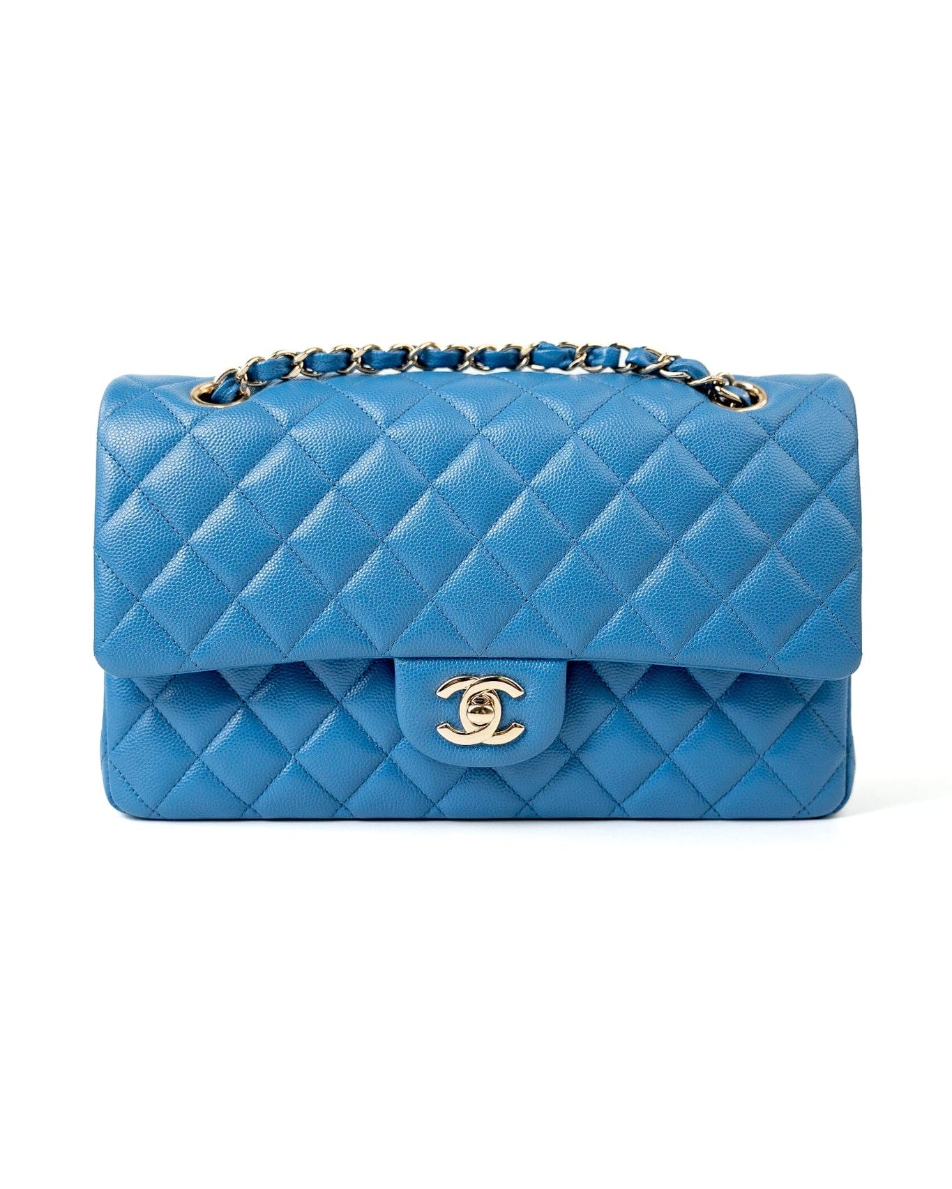 CHANEL Handbag Blue 20S Blue Caviar Quilted Classic Flap Medium Light Gold Hardware - Redeluxe