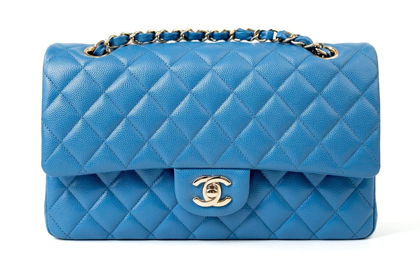 CHANEL Handbag Blue 20S Blue Caviar Quilted Classic Flap Medium Light Gold Hardware - Redeluxe