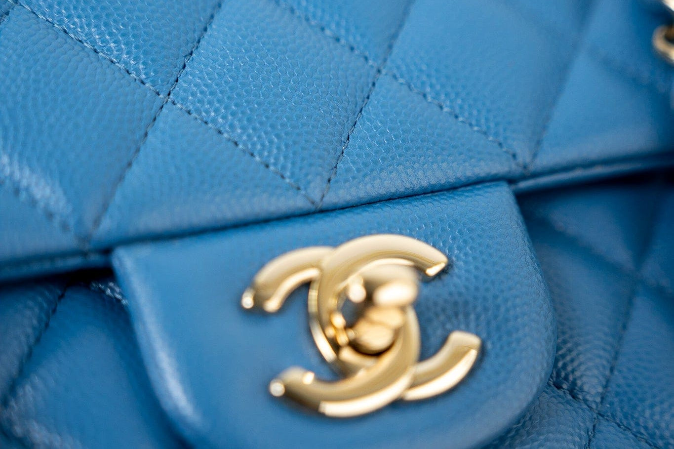 CHANEL Handbag Blue 20S Blue Caviar Quilted Classic Flap Medium Light Gold Hardware - Redeluxe