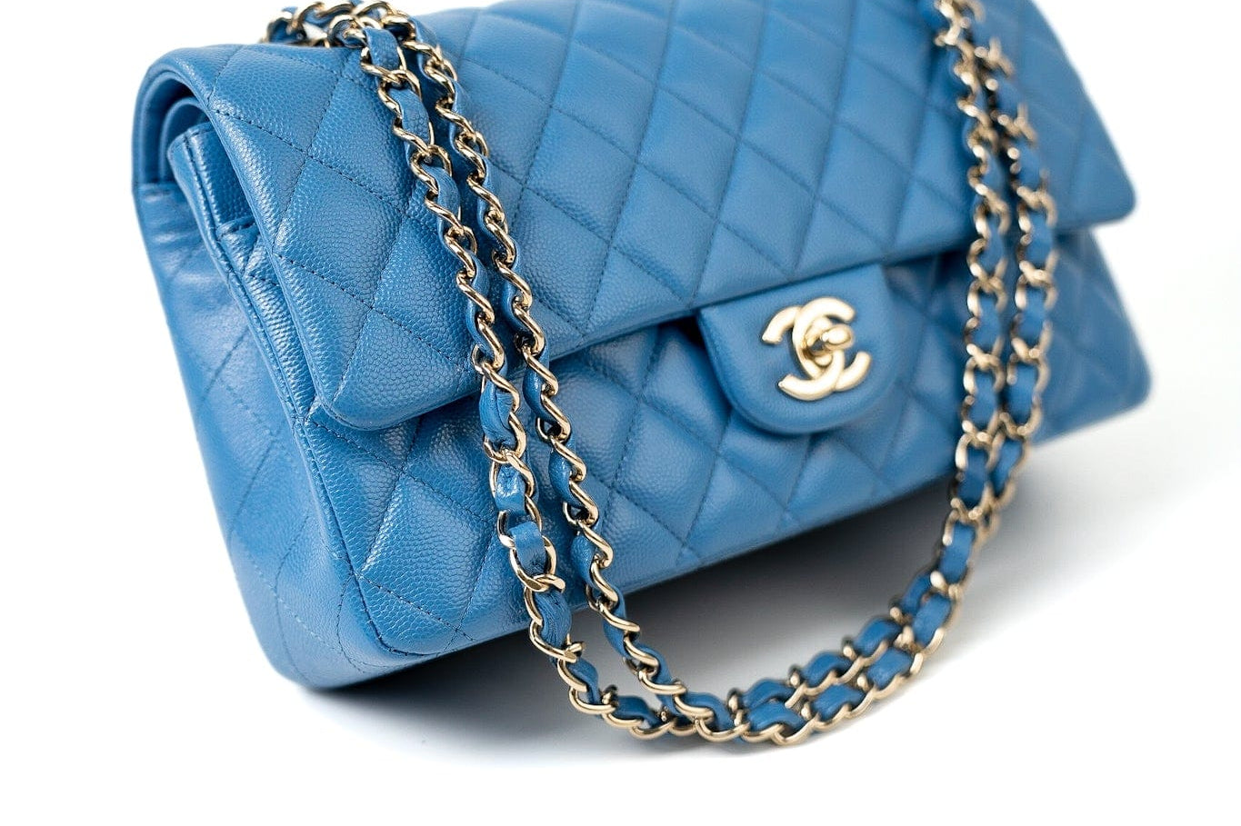 CHANEL Handbag Blue 20S Blue Caviar Quilted Classic Flap Medium Light Gold Hardware - Redeluxe