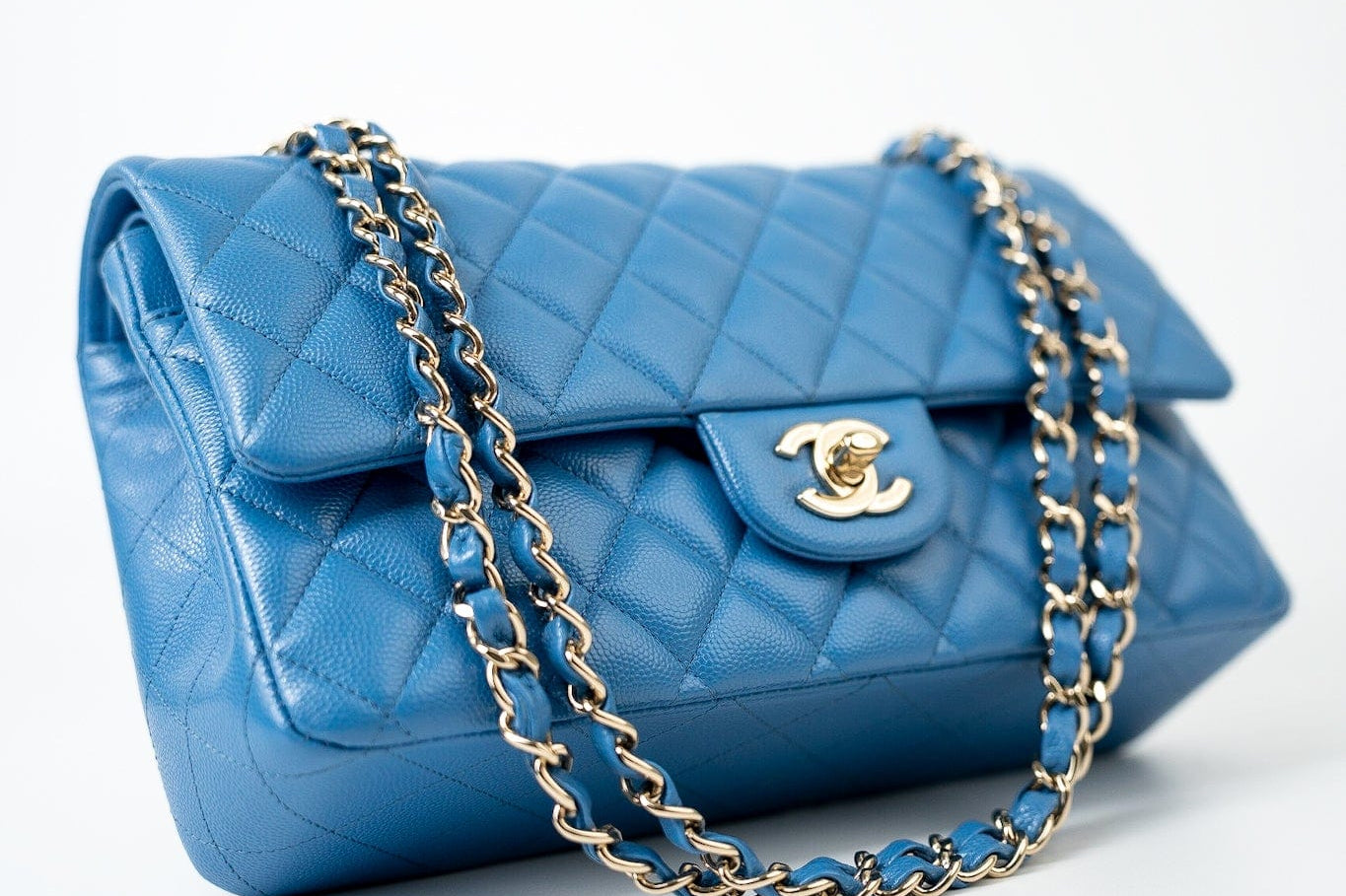 CHANEL Handbag Blue 20S Blue Caviar Quilted Classic Flap Medium Light Gold Hardware - Redeluxe