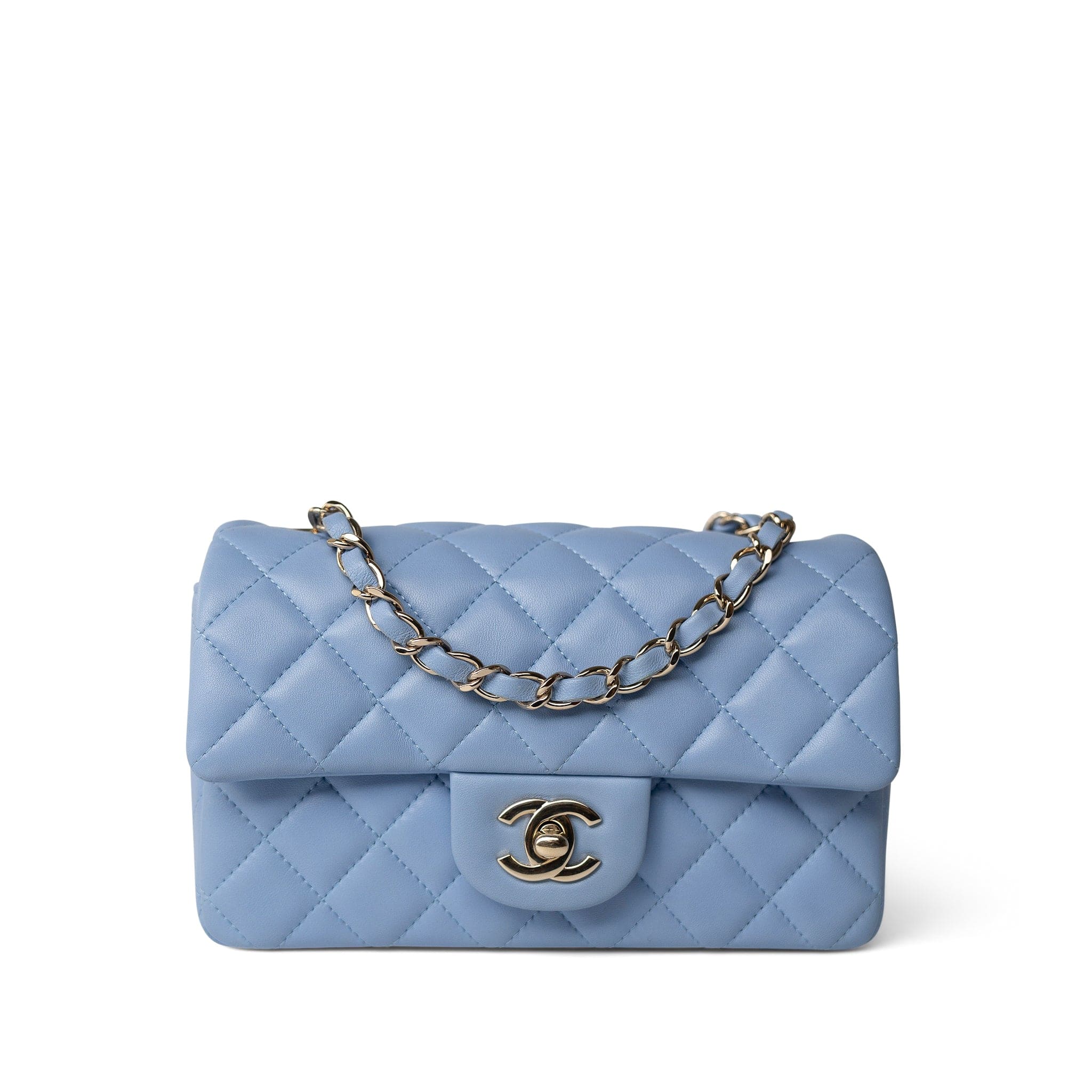 CHANEL Handbag Blue 21C Sky Blue Lambskin Quilted Mini Rectangular Flap Light Gold Hardware - Redeluxe