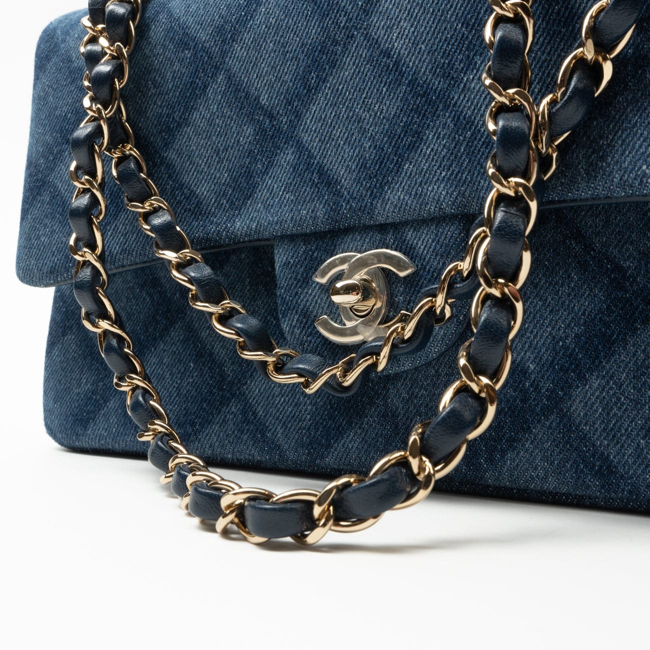 CHANEL Handbag Blue 22B Denim Classic Double Flap Medium Light Gold Hardware - Redeluxe