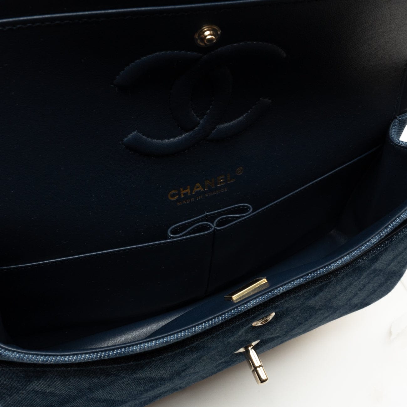 CHANEL Handbag Blue 22B Denim Classic Double Flap Medium Light Gold Hardware - Redeluxe