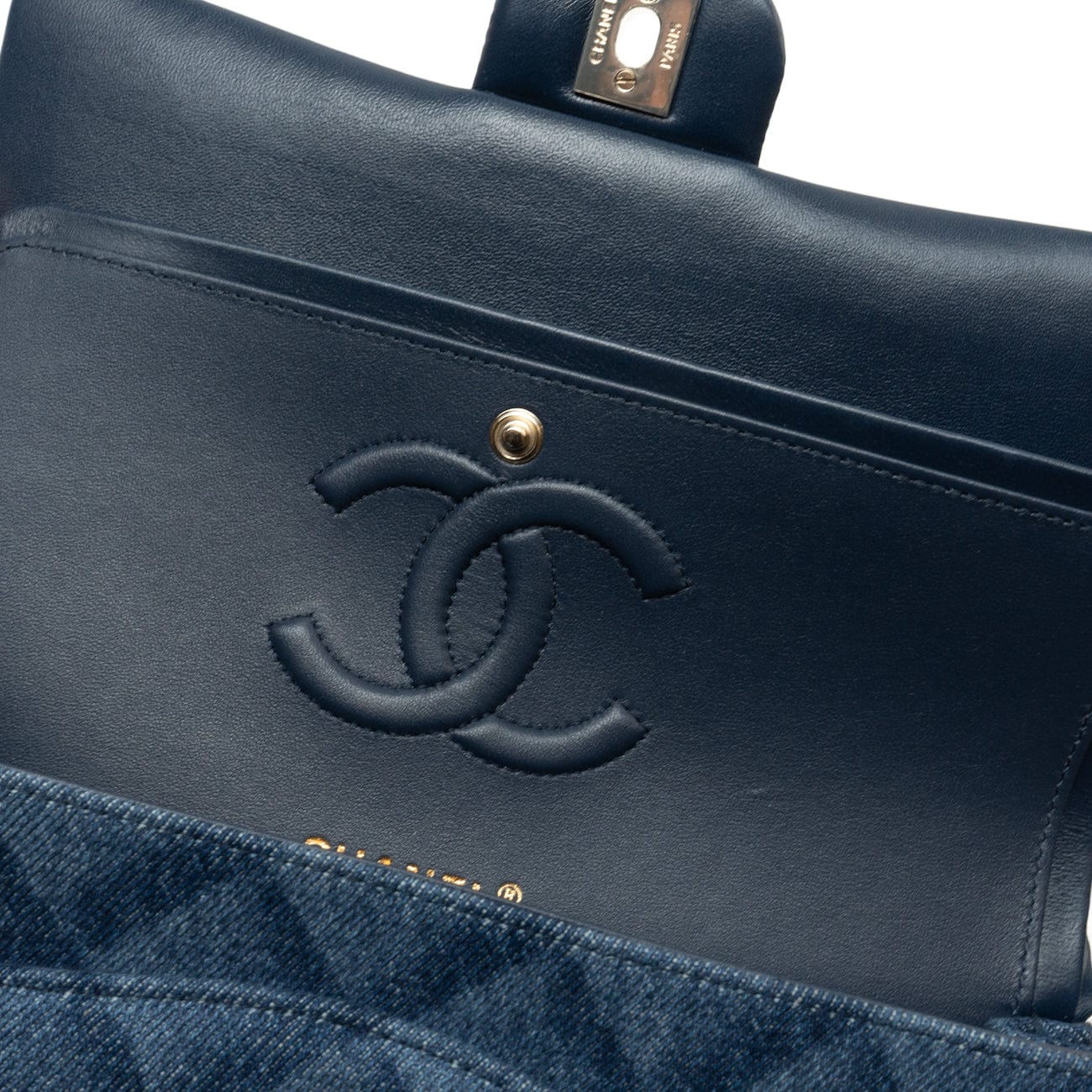 CHANEL Handbag Blue 22B Denim Classic Double Flap Medium Light Gold Hardware - Redeluxe