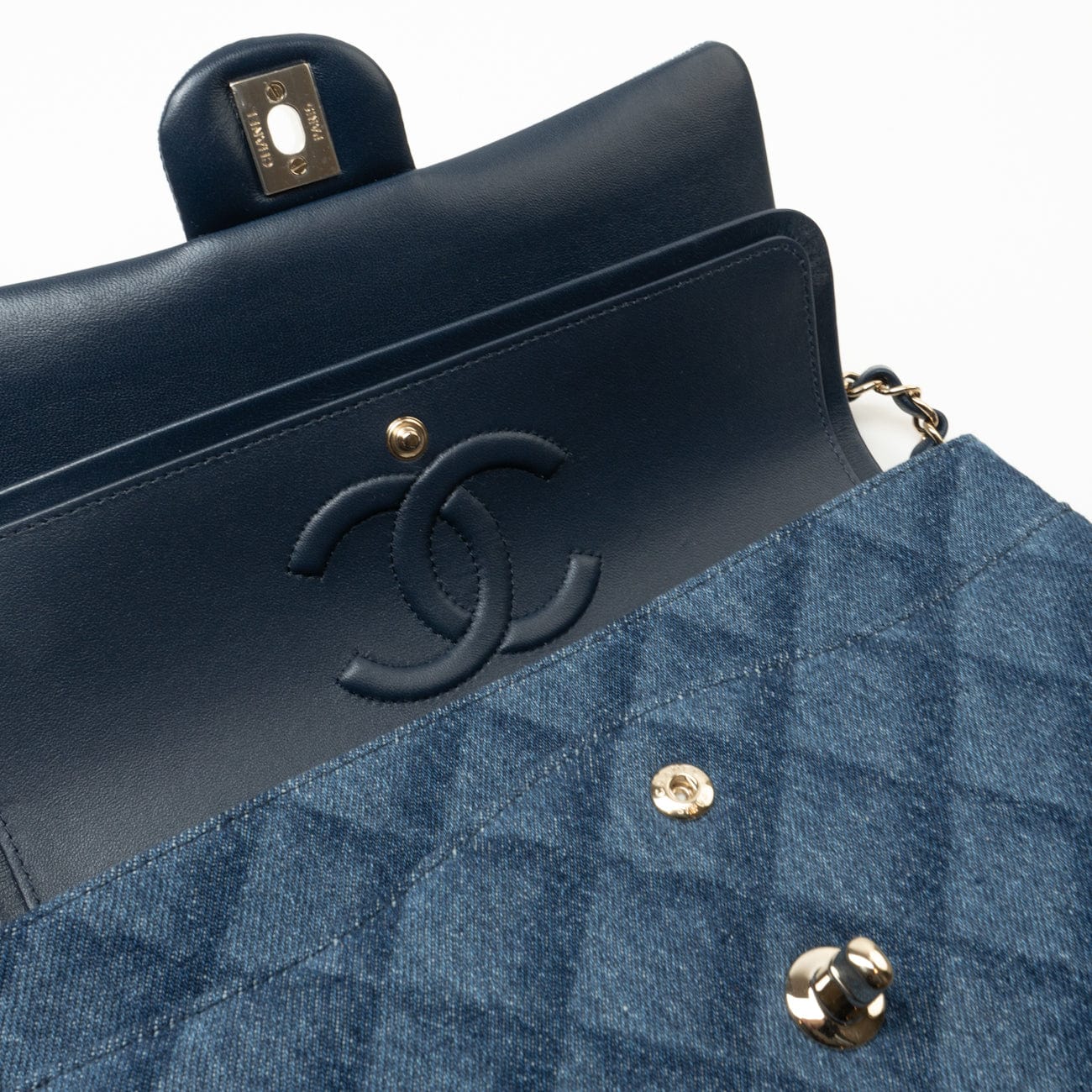 CHANEL Handbag Blue 22B Denim Classic Double Flap Medium Light Gold Hardware - Redeluxe