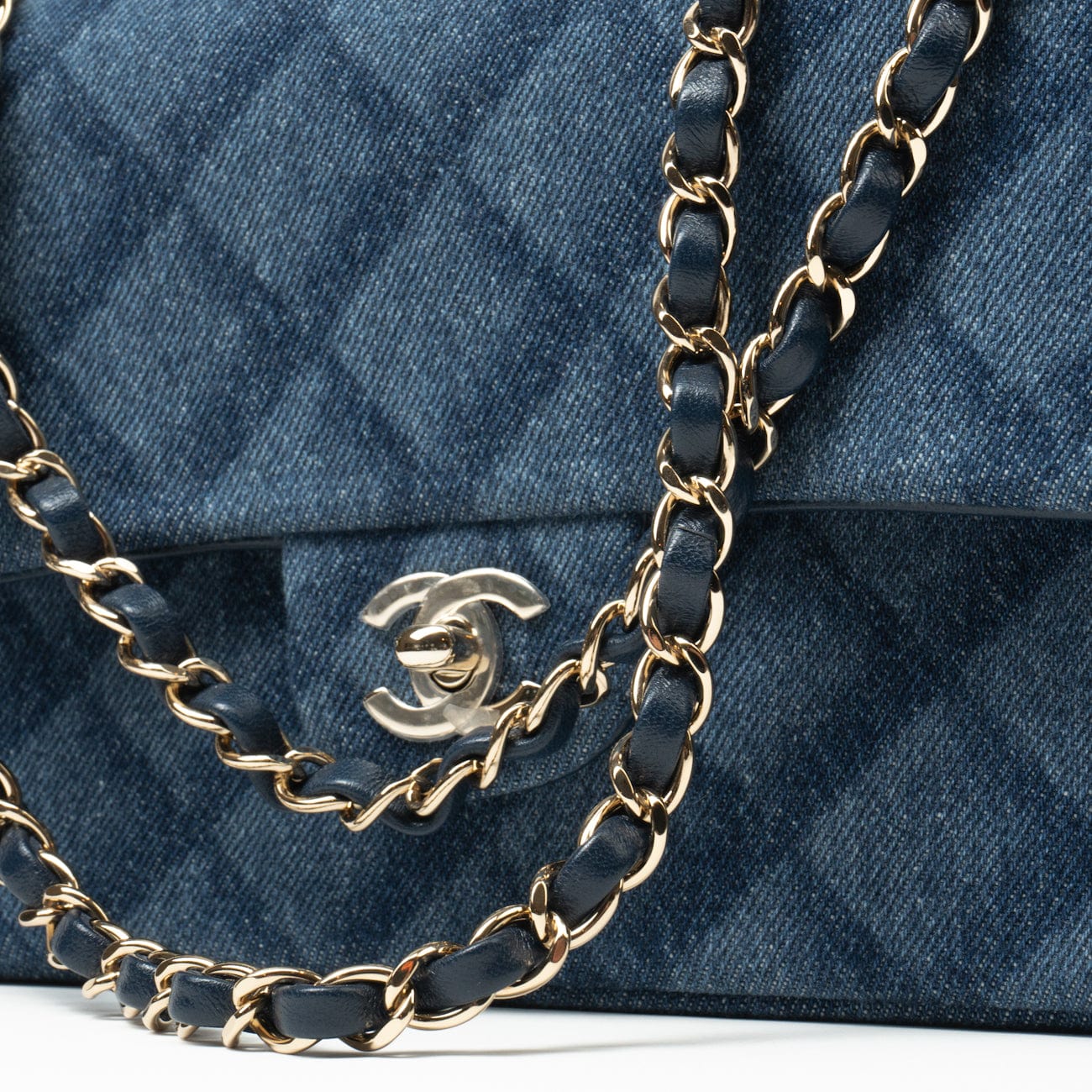 CHANEL Handbag Blue 22B Denim Classic Double Flap Medium Light Gold Hardware - Redeluxe