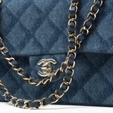CHANEL Handbag Blue 22B Denim Classic Double Flap Medium Light Gold Hardware - Redeluxe