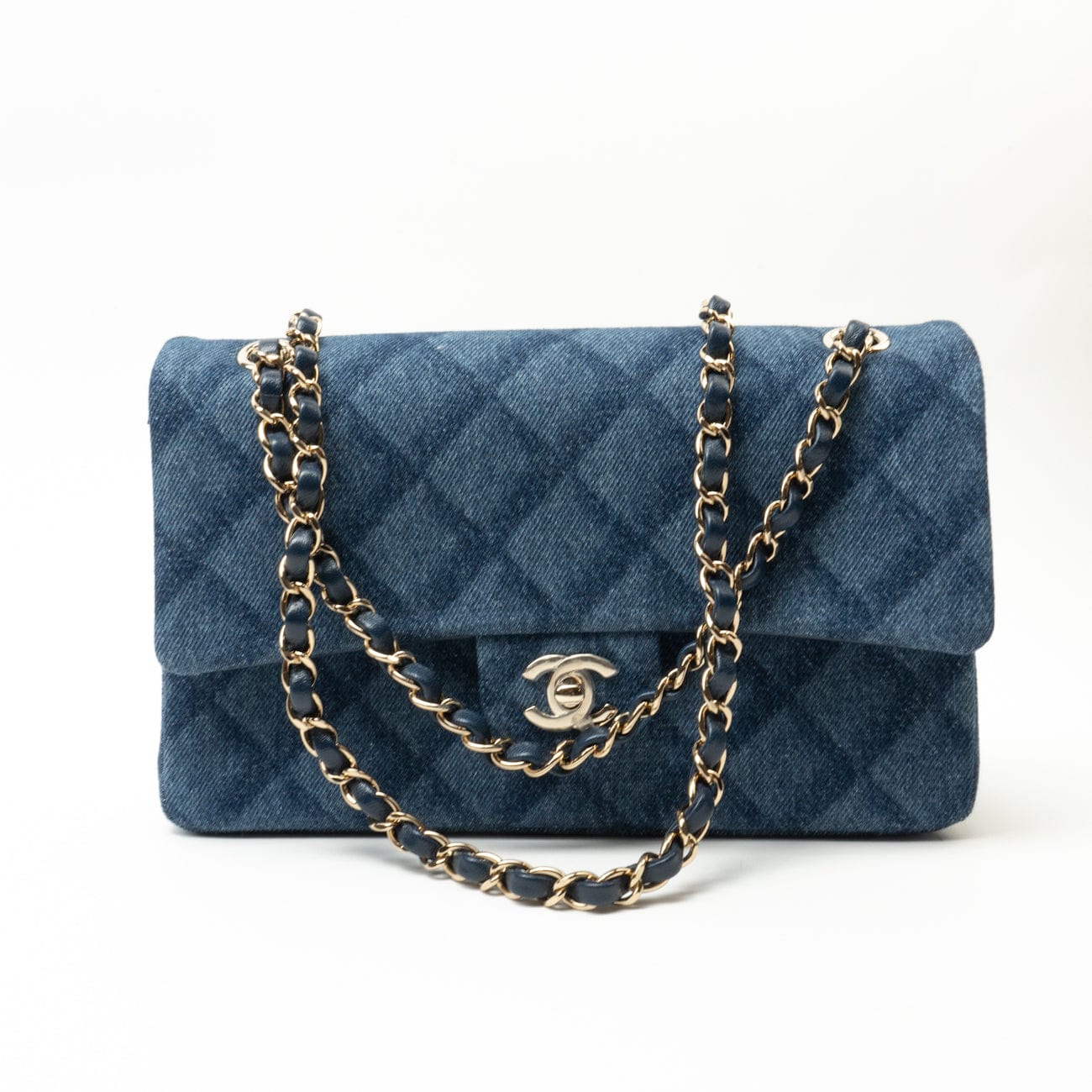 CHANEL Handbag Blue 22B Denim Classic Double Flap Medium Light Gold Hardware - Redeluxe