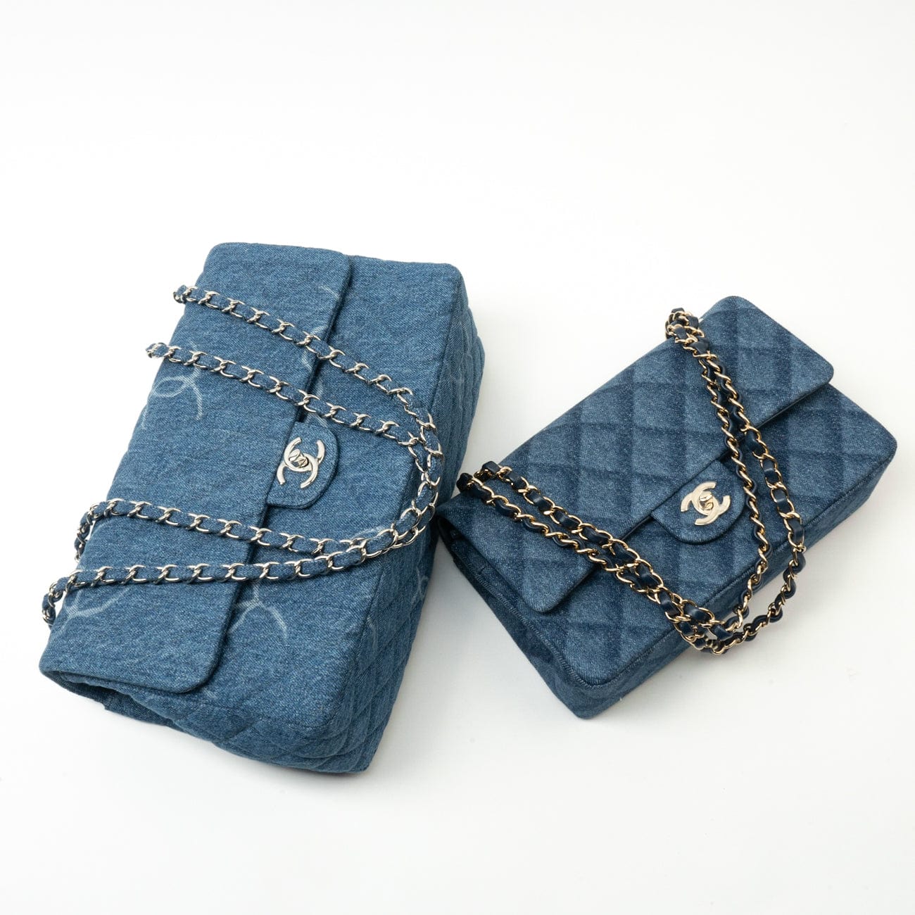 CHANEL Handbag Blue 22B Denim Classic Double Flap Medium Light Gold Hardware - Redeluxe