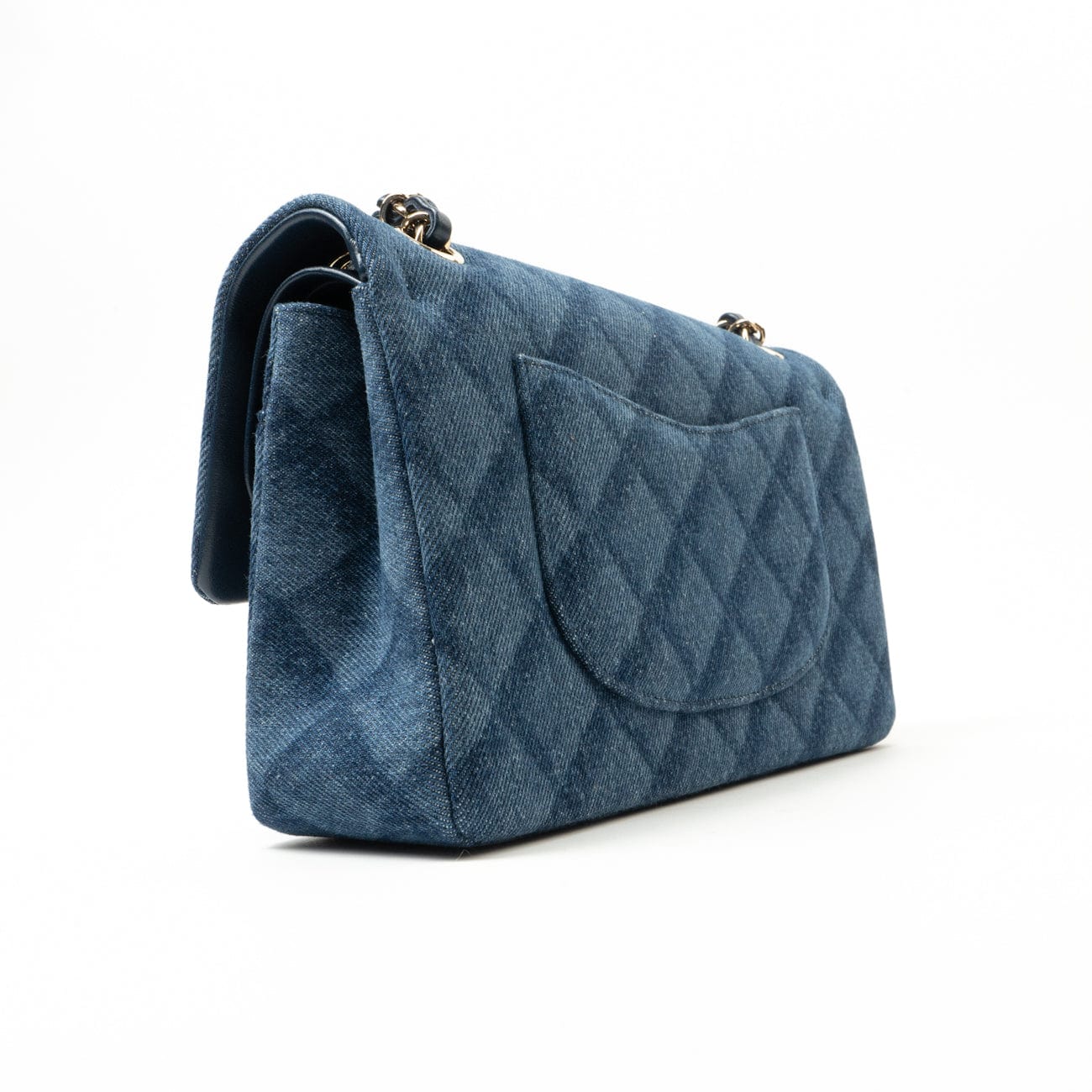 CHANEL Handbag Blue 22B Denim Classic Double Flap Medium Light Gold Hardware - Redeluxe