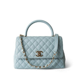 CHANEL Handbag BLUE 22P Light Blue Caviar Quilted Coco Handle Medium (Old Small) Light Gold Hardware - Redeluxe