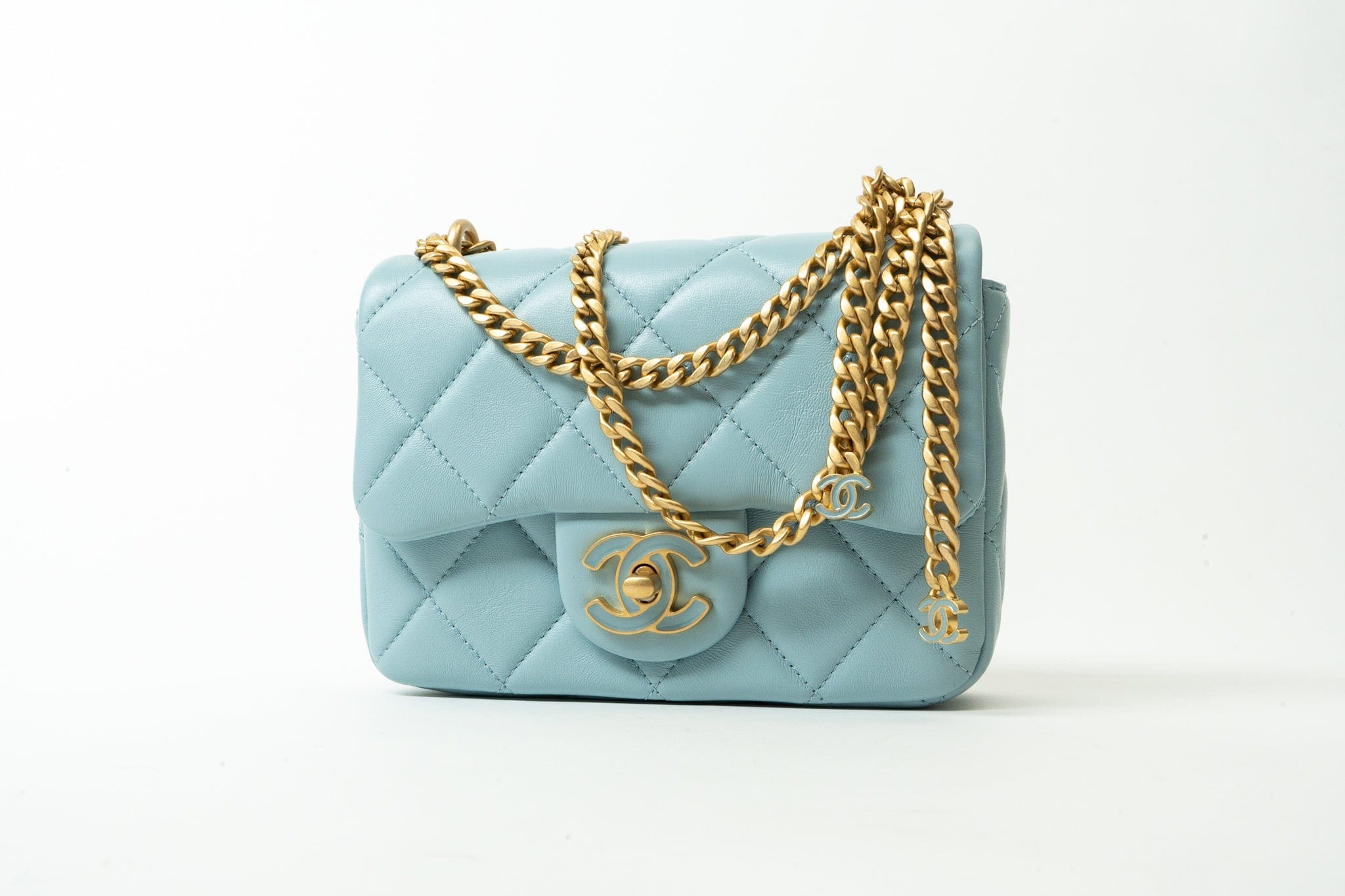 CHANEL Handbag Blue 22P Light Blue Mini Square Enamel Lambskin pending CC  AGHW - Redeluxe
