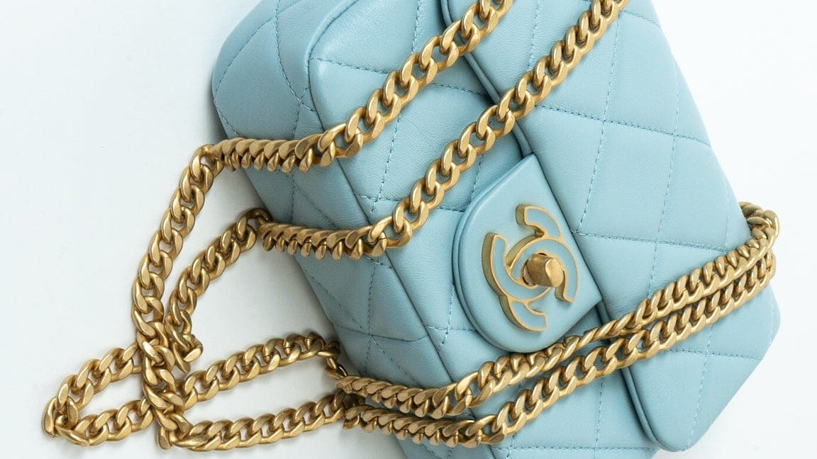 CHANEL Handbag Blue 22P Light Blue Mini Square Enamel Lambskin pending CC  AGHW - Redeluxe