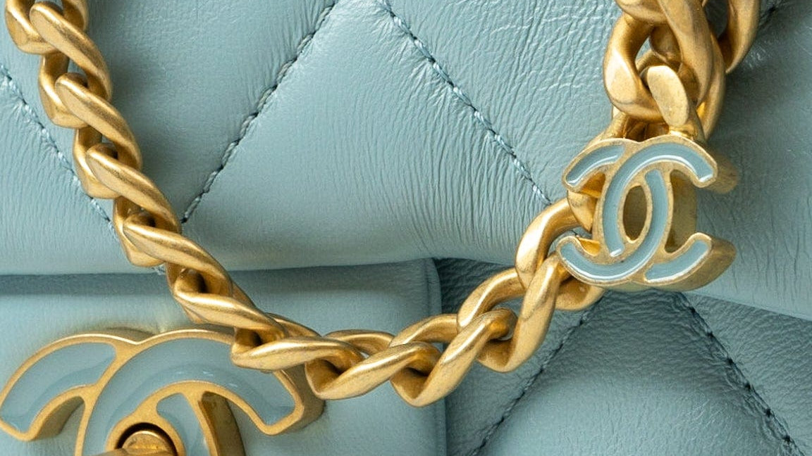 CHANEL Handbag Blue 22P Light Blue Mini Square Enamel Lambskin pending CC  AGHW - Redeluxe