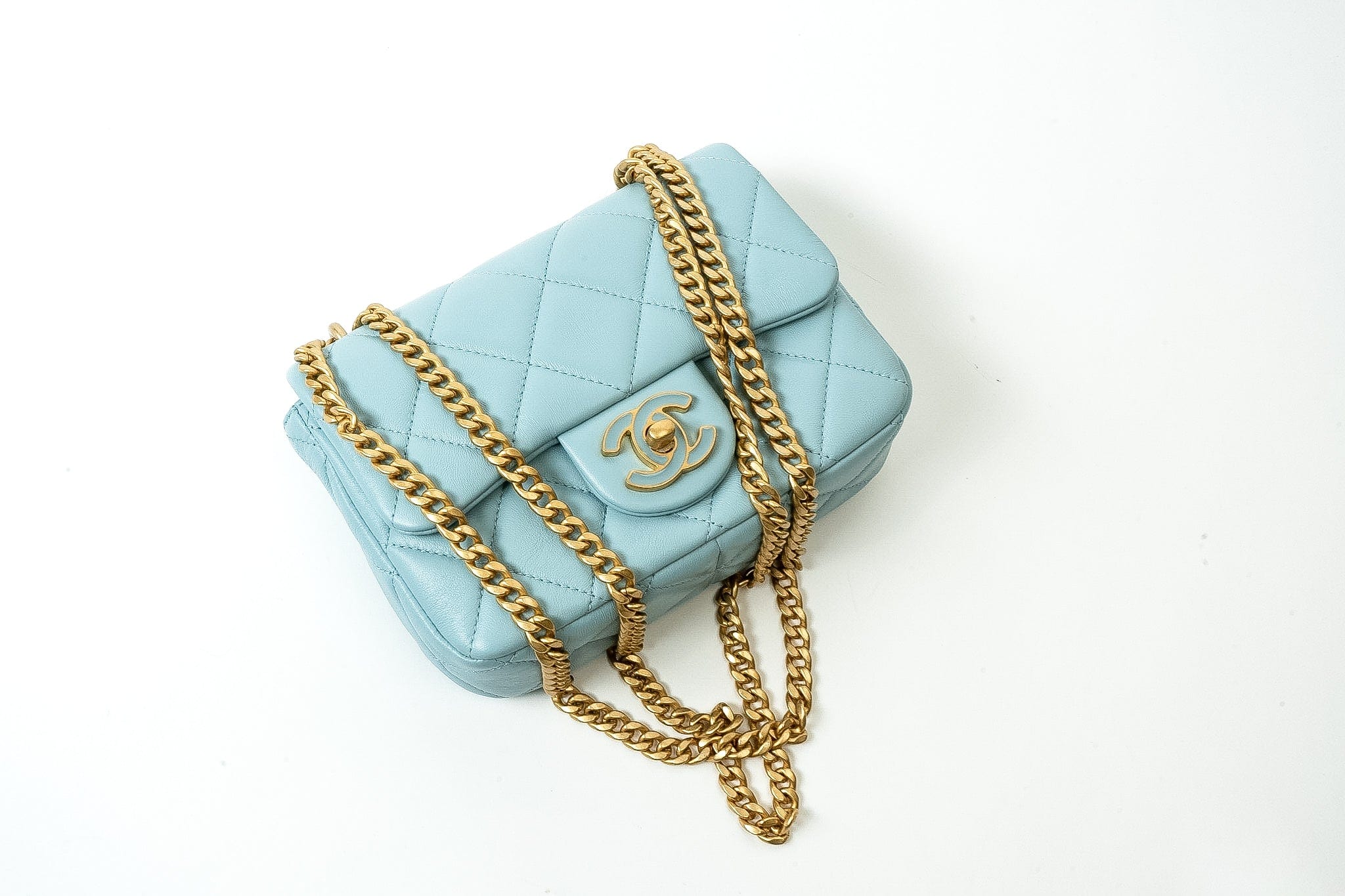 CHANEL Handbag Blue 22P Light Blue Mini Square Enamel Lambskin pending CC  AGHW - Redeluxe