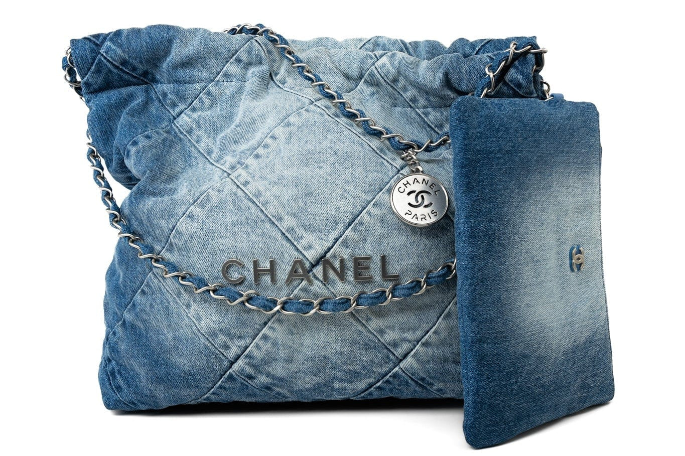 CHANEL Handbag Blue 23P Denim Quilted 22 Small Drawstring Bag - Redeluxe