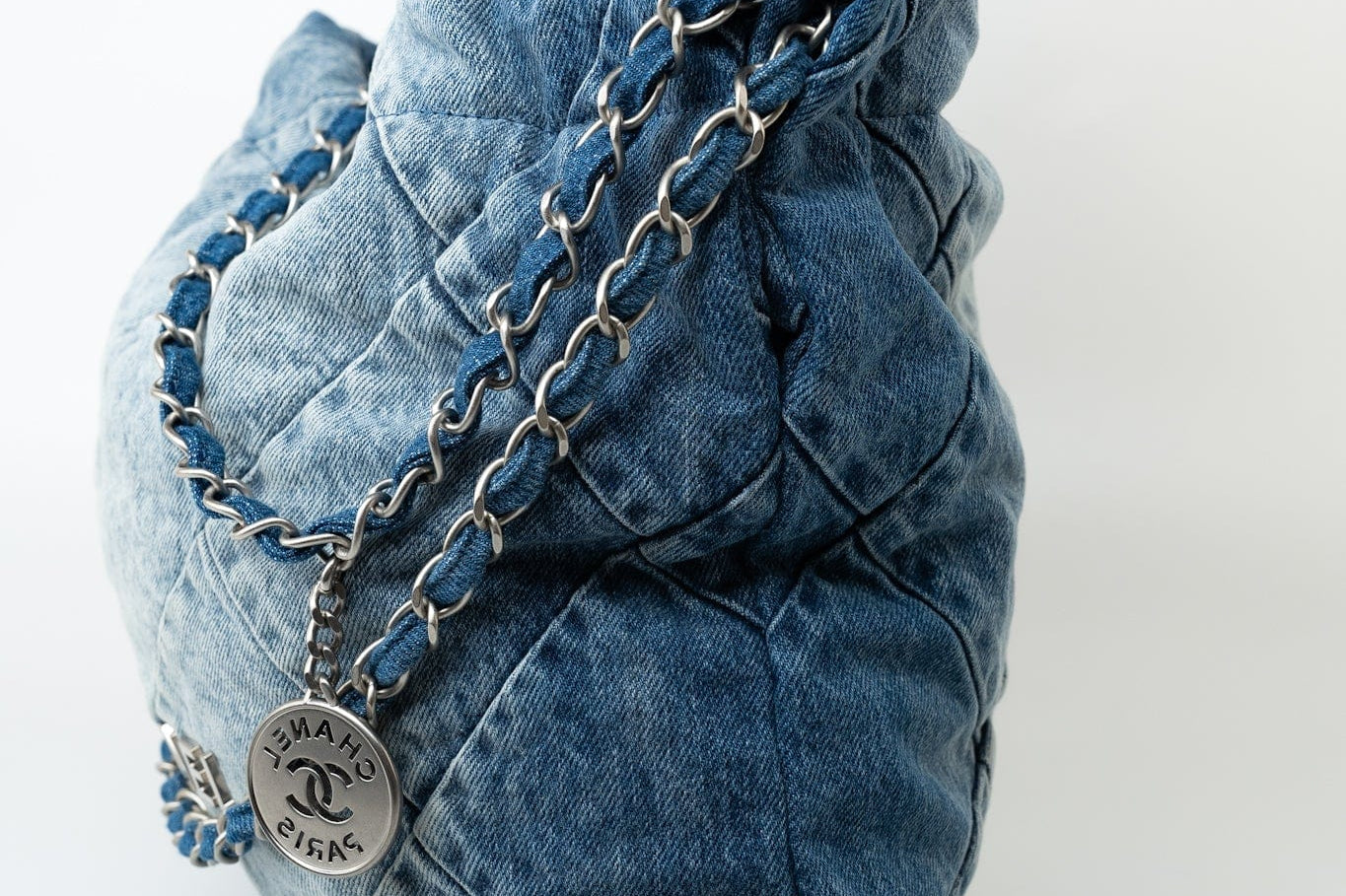 CHANEL Handbag Blue 23P Denim Quilted 22 Small Drawstring Bag - Redeluxe