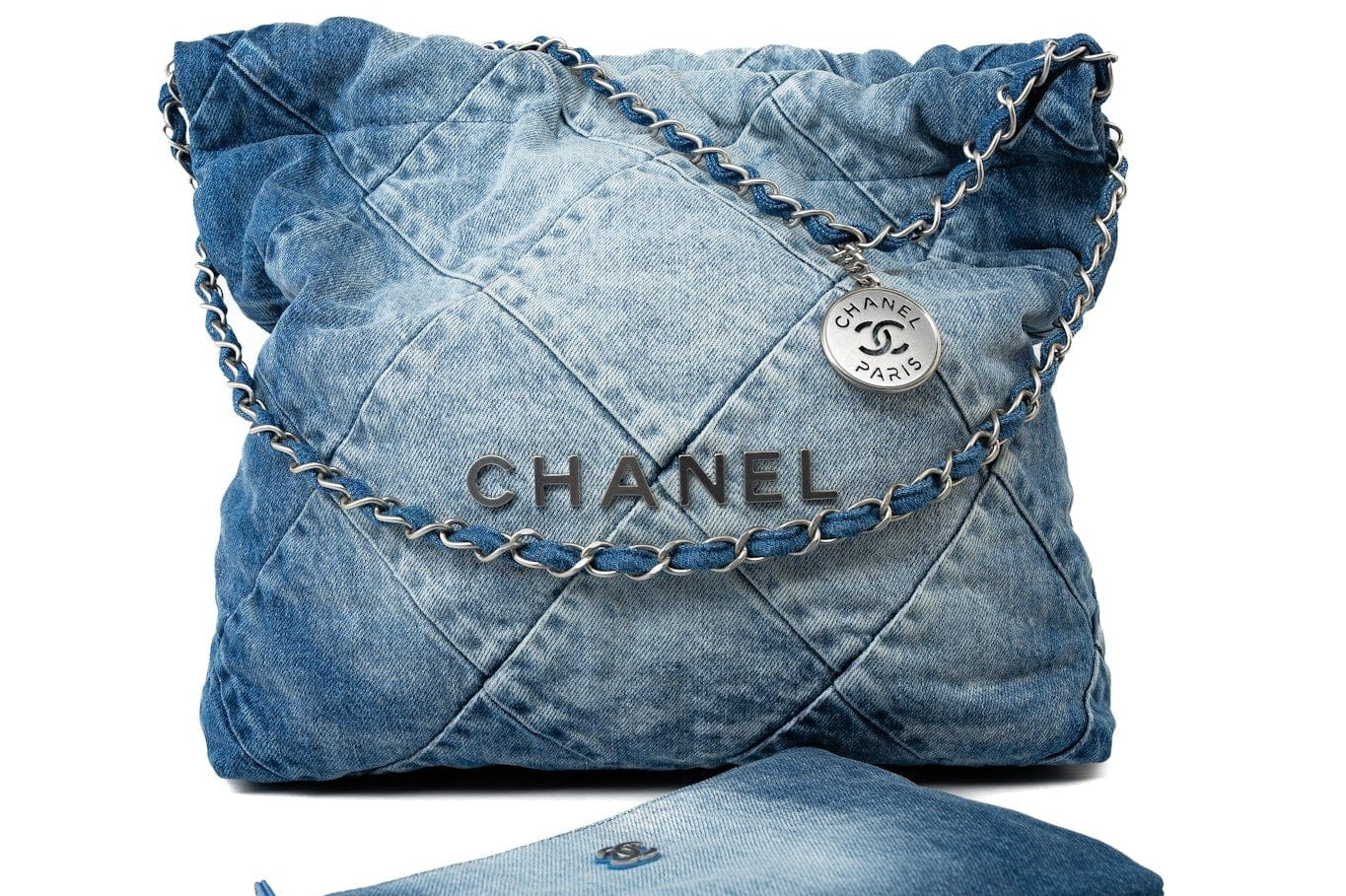 CHANEL Handbag Blue 23P Denim Quilted 22 Small Drawstring Bag - Redeluxe