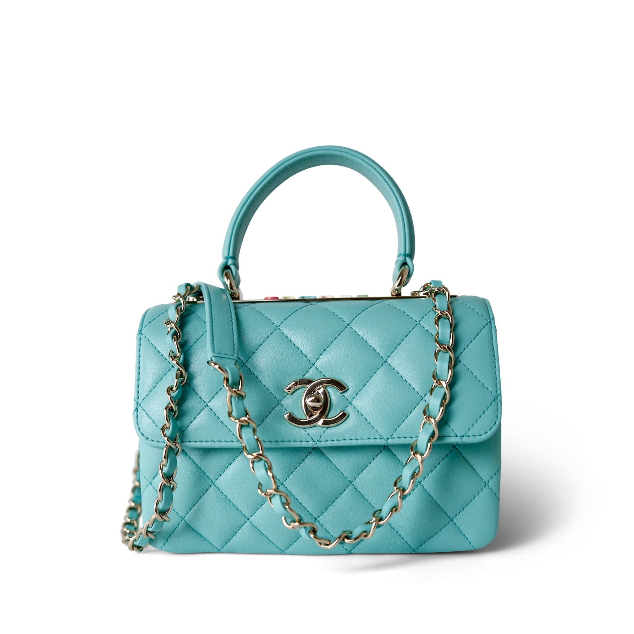 CHANEL Handbag Blue 24C Tiffany Blue Lambskin Quilted Mini Trendy CC Light Gold Hardware - Redeluxe