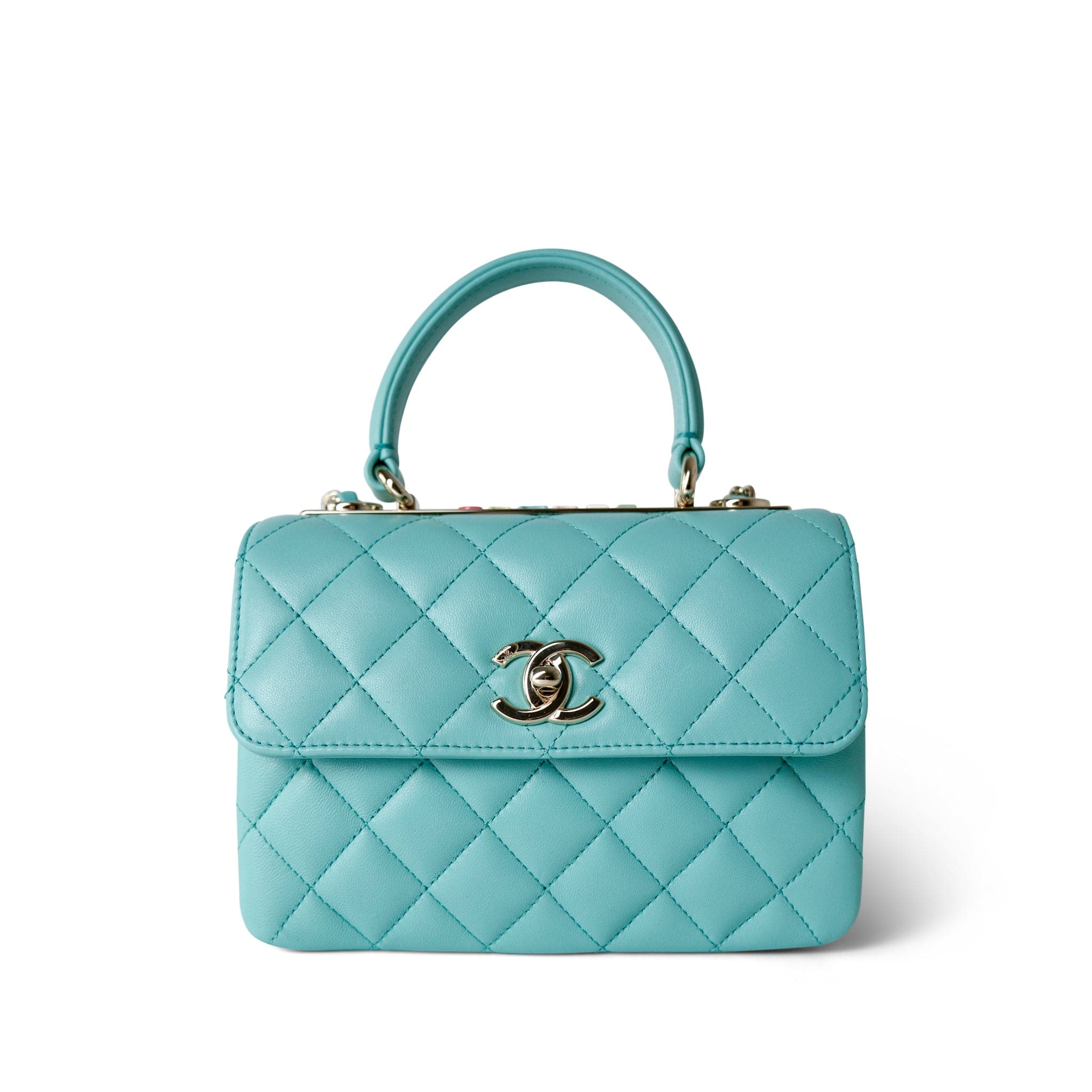 CHANEL Handbag Blue 24C Tiffany Blue Lambskin Quilted Mini Trendy CC Light Gold Hardware - Redeluxe