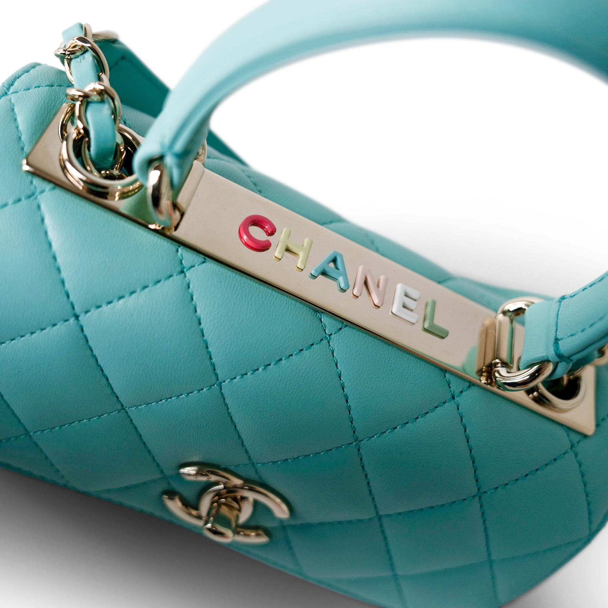 CHANEL Handbag Blue 24C Tiffany Blue Lambskin Quilted Mini Trendy CC Light Gold Hardware - Redeluxe