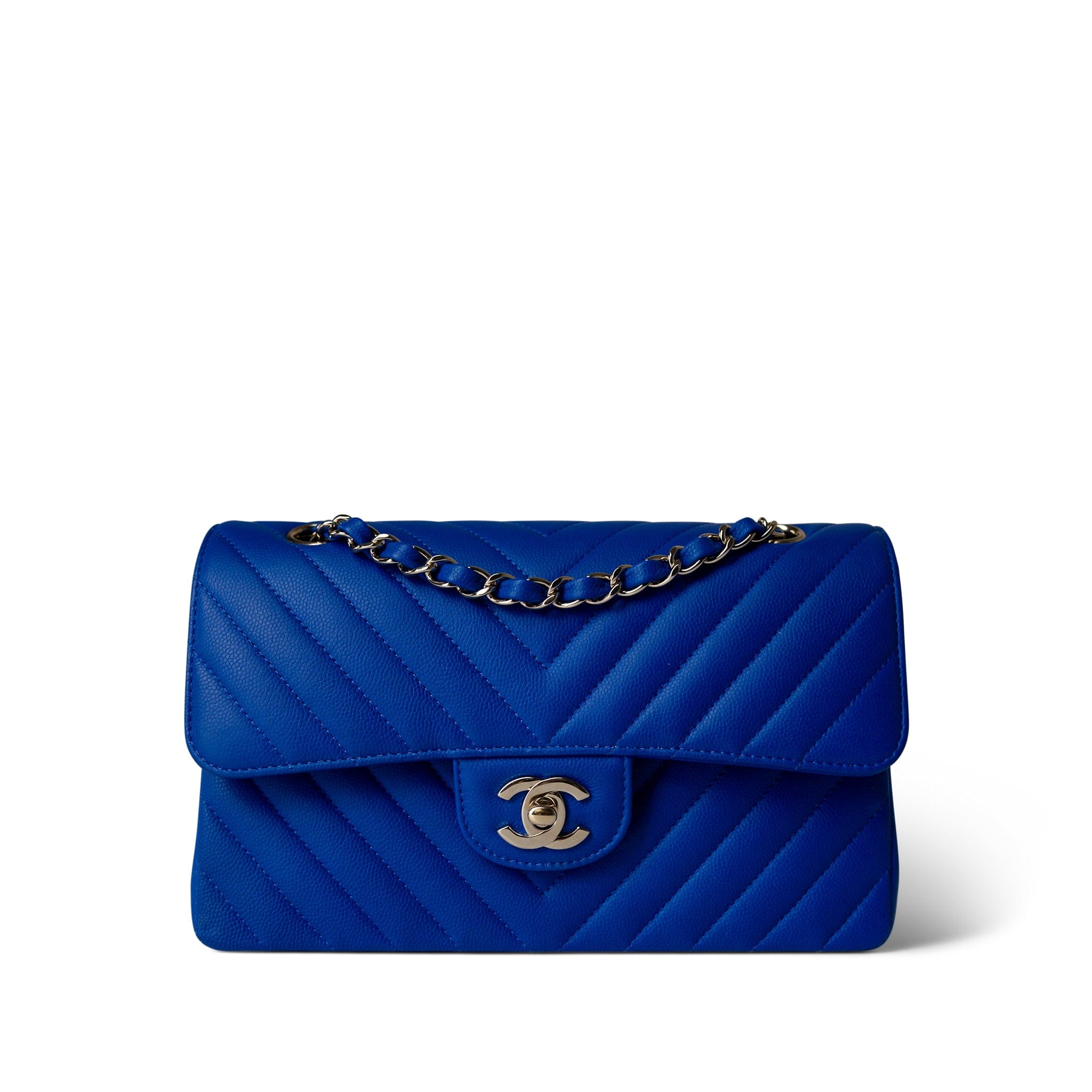 CHANEL Handbag Blue Blue Caviar Chevron Classic Flap Small Light Gold Hardware - Redeluxe