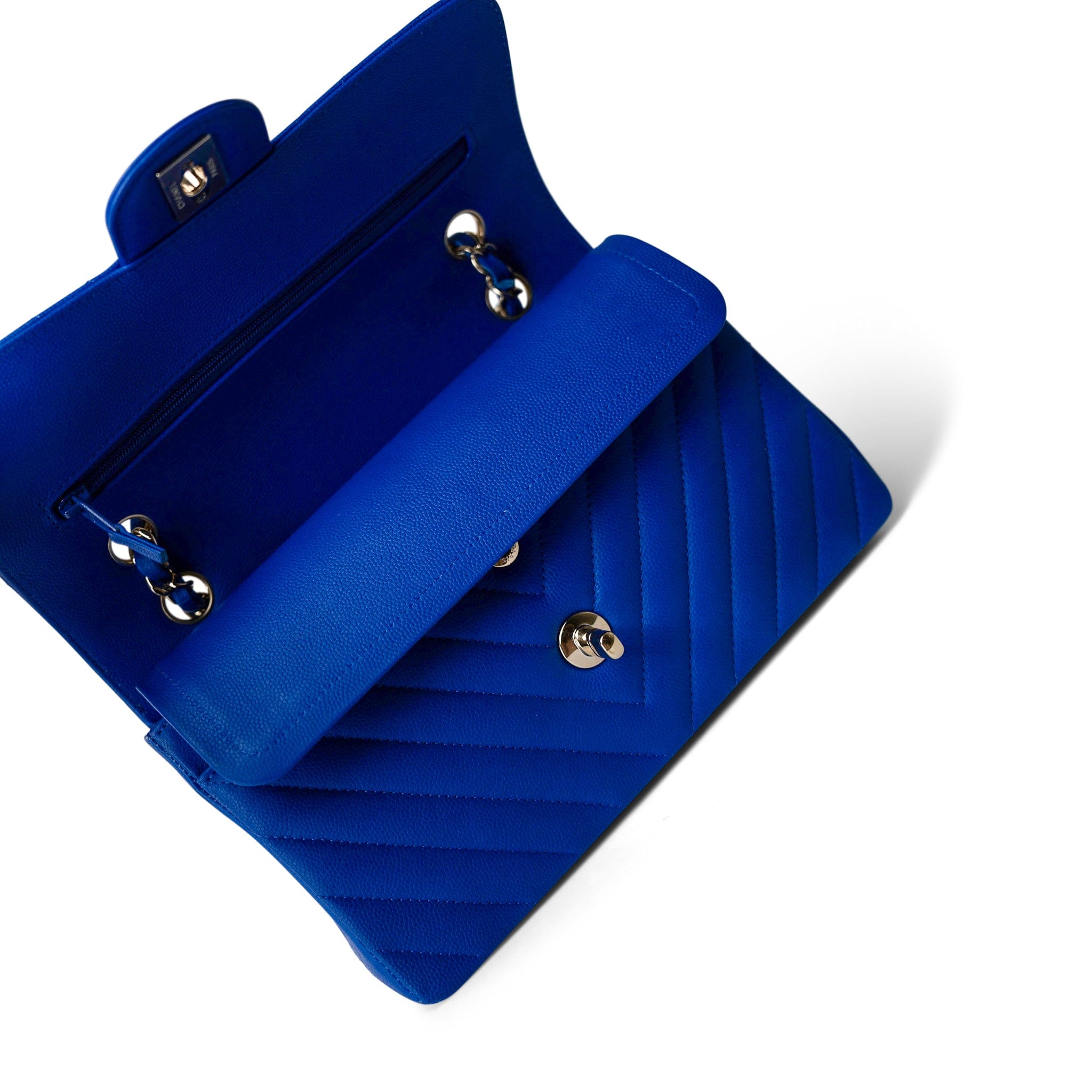 CHANEL Handbag Blue Blue Caviar Chevron Classic Flap Small Light Gold Hardware - Redeluxe